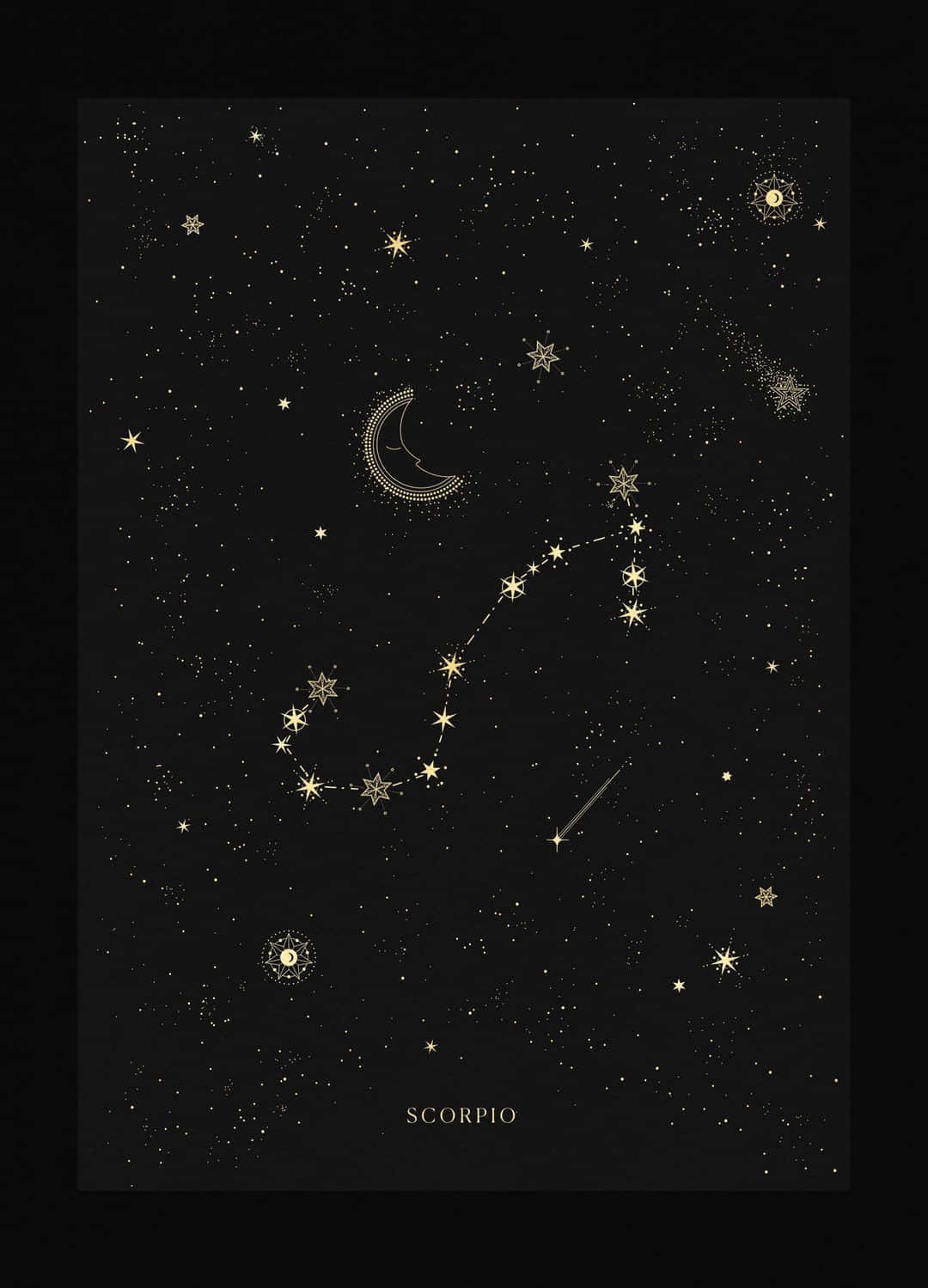 美學 桌布 壁紙 — 金色天蠍座星座圖，背景為黑色夜空，帶有新月和散落的星星。