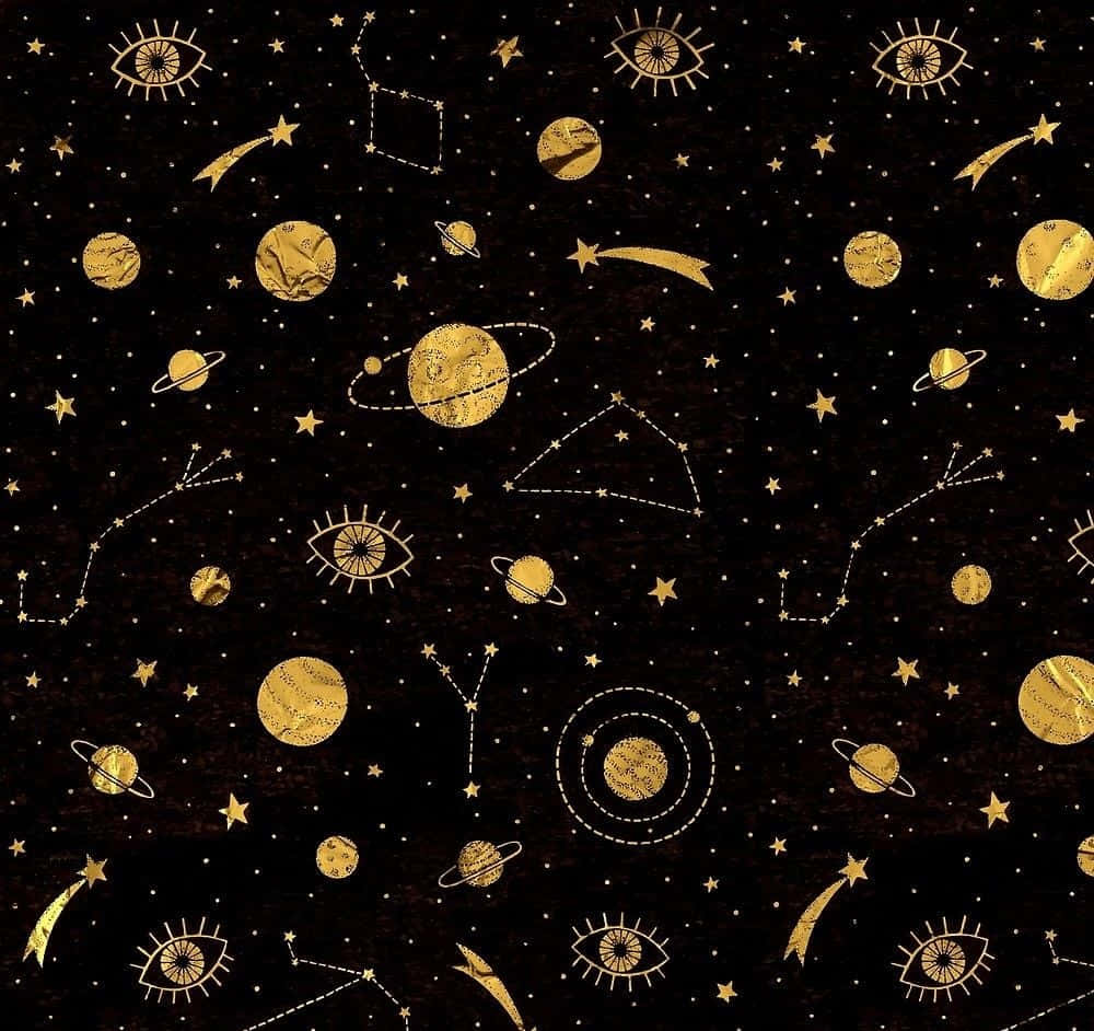 黑金動畫 桌布 壁紙 — 金色天體、星座和眼睛漂浮在帶紋理的黑色宇宙背景上。