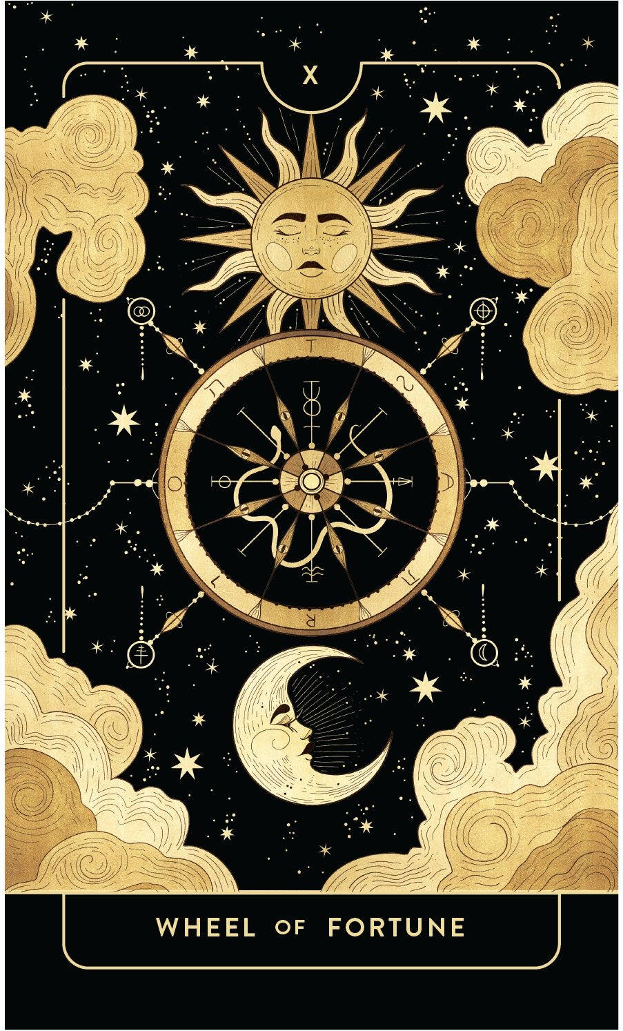Sun And Moon 桌布 壁紙 — 金色天體符號，包括太陽、月亮和命運之輪，在繁星點點的黑色天空中，漂浮於旋轉的雲層之間。