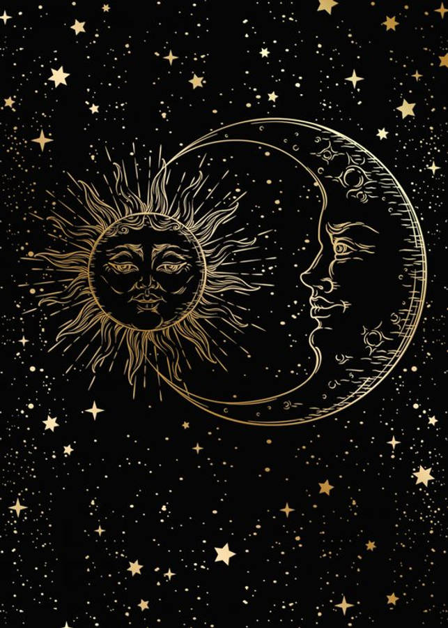 靈性動圖 桌布 壁紙 — 金色太陽和月亮帶有面孔，在繁星點點的黑夜中凝視，以優雅的線條藝術呈現。