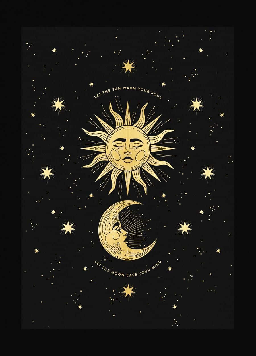 Sun And Moon Aesthetic 桌布 壁紙 — 金色太陽和月亮帶有面孔，在繁星點點的黑色天空中發光，並帶有鼓舞人心的文字。