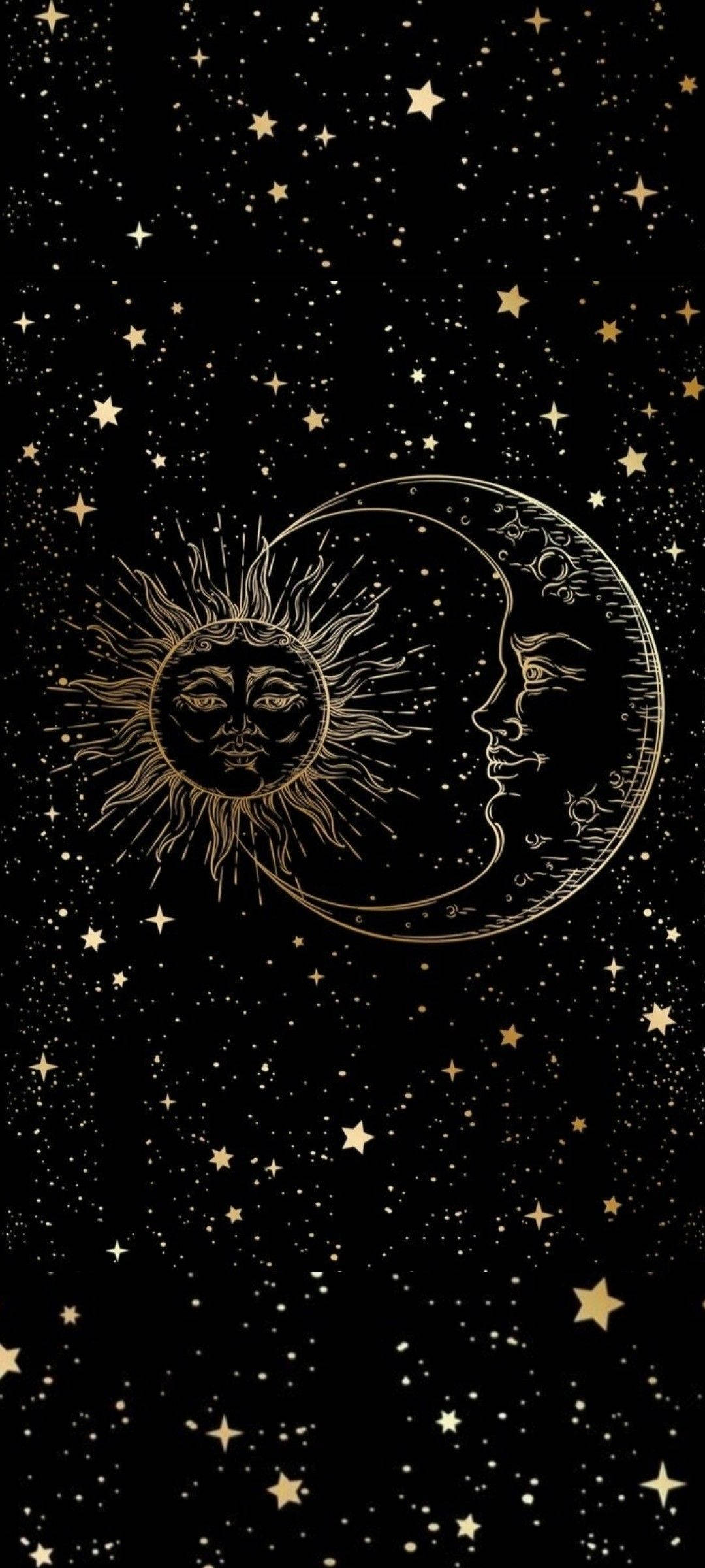 Stars 桌布 壁紙 — 金色太陽和月亮帶有面孔，在繁星點點的黑色夜空中擁抱。