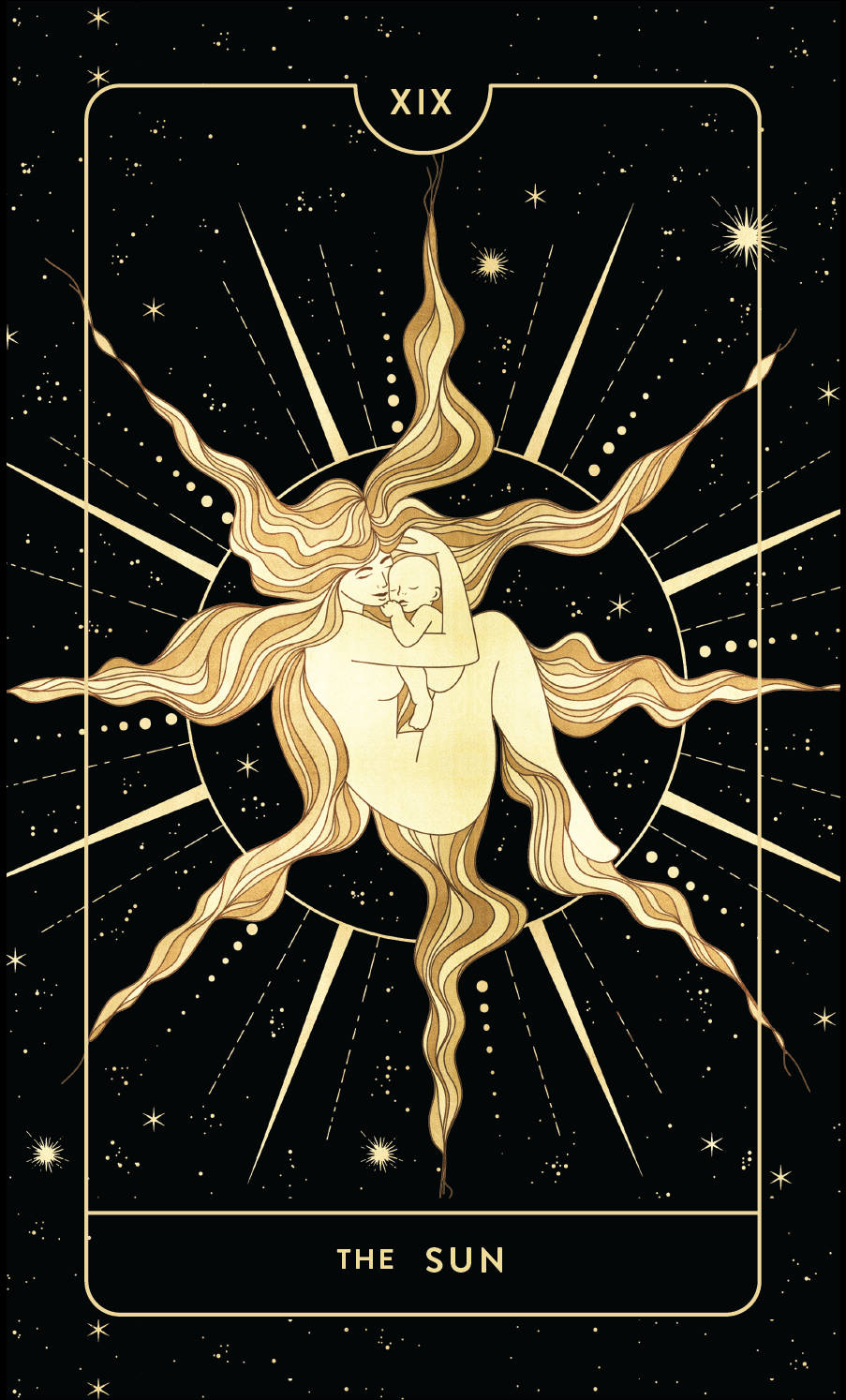 card 桌布 壁紙 — 金色太陽神祇，長髮飄逸，懷抱嬰兒，背景為星空黑色，以塔羅牌形式呈現。
