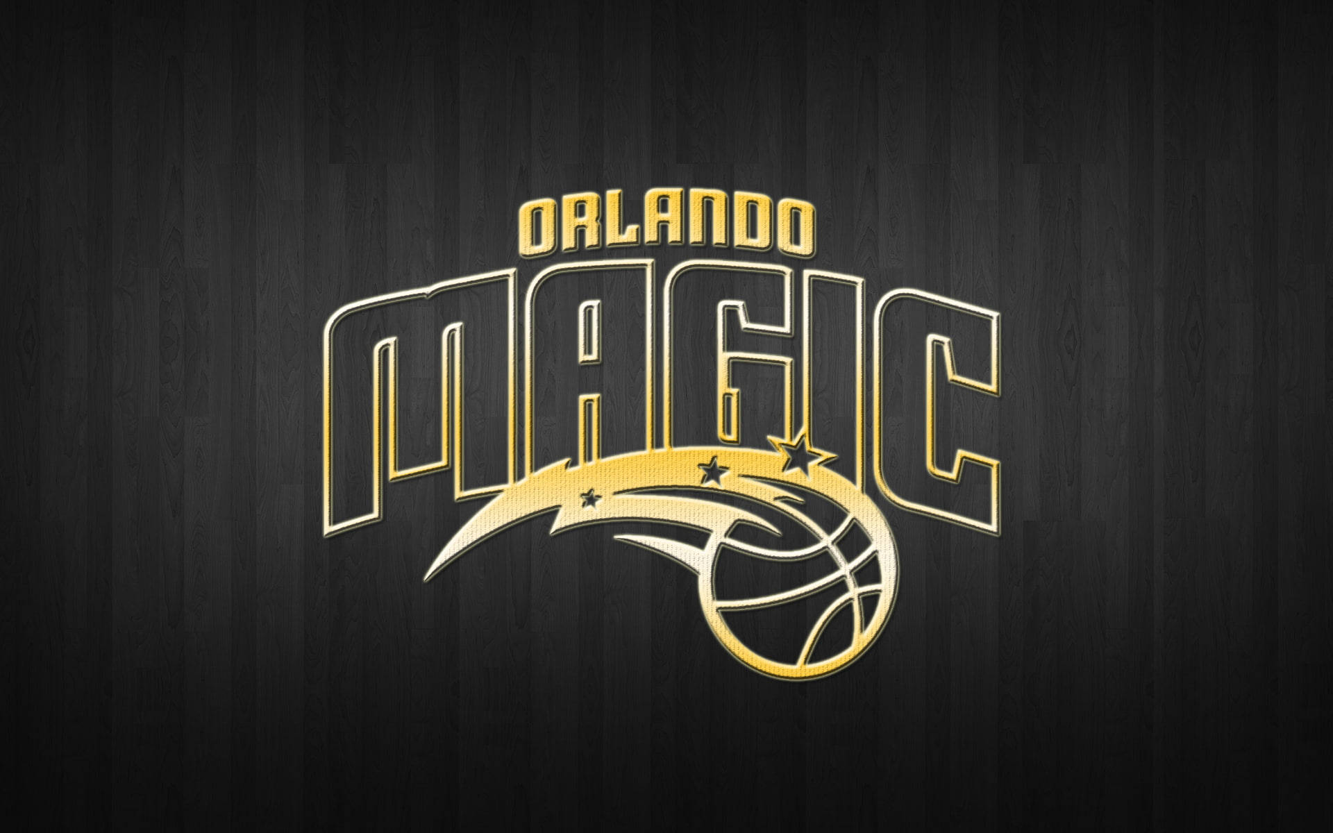 Orlando 桌布 壁紙 — 金色奧蘭多魔術隊標誌在深色木紋背景上閃耀，帶有金屬光澤和星星點綴。