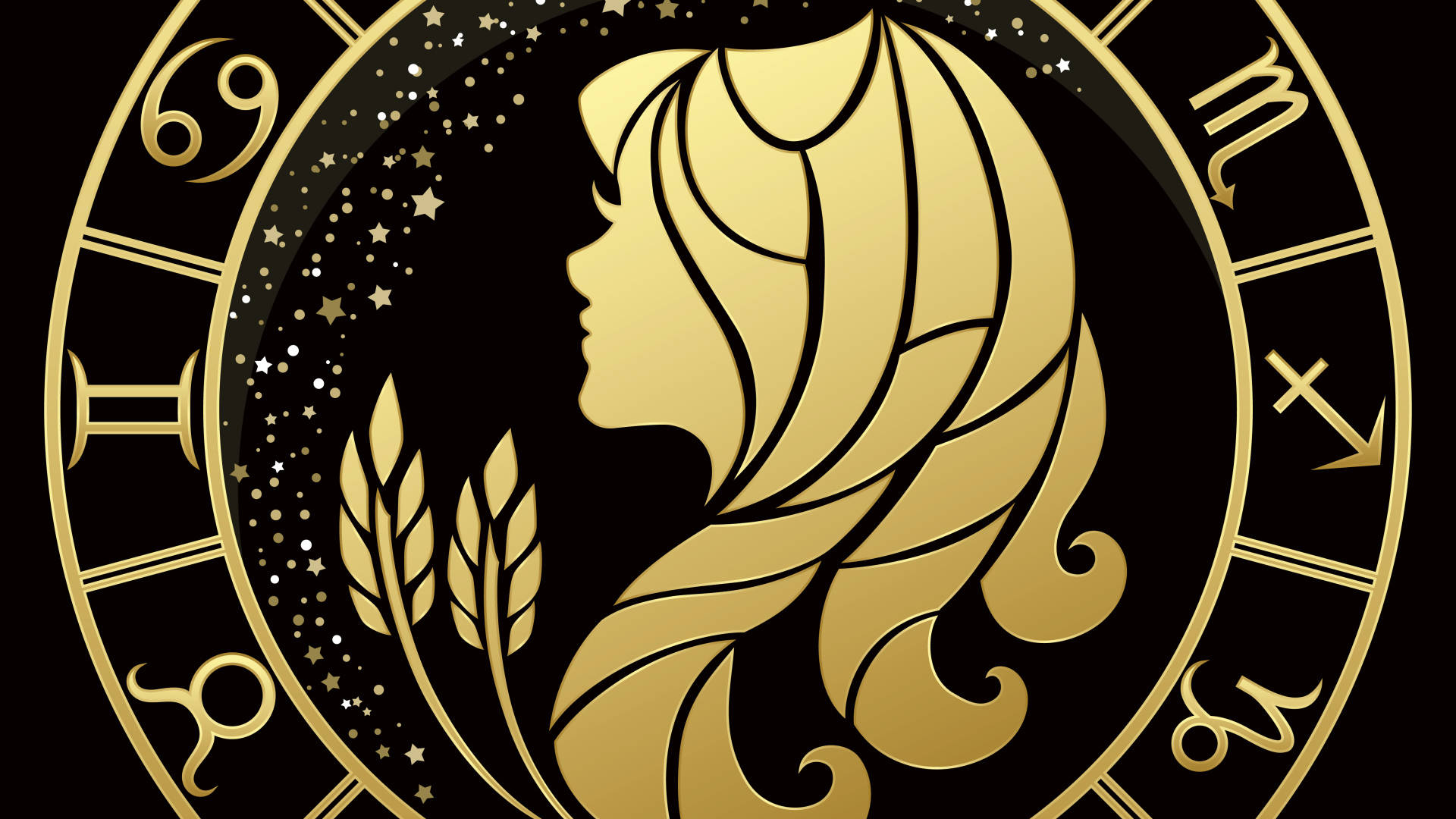 Virgo 桌布 壁紙 — 金色女性剪影，秀髮飄逸，以星座和星星環繞，襯托黑色背景。