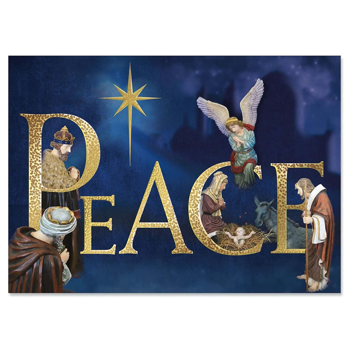 Religious Christmas 桌布 壁紙 — 金色字母 PEACE 框住一個有天使和智者的耶穌誕生場景，背景是繁星點點的夜空。
