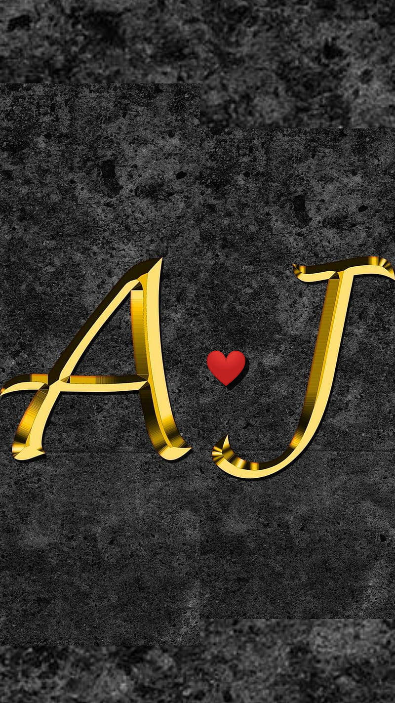 Typography 桌布 壁紙 — 金色字母A和J，中間有一個紅色愛心，位於深色紋理背景上。