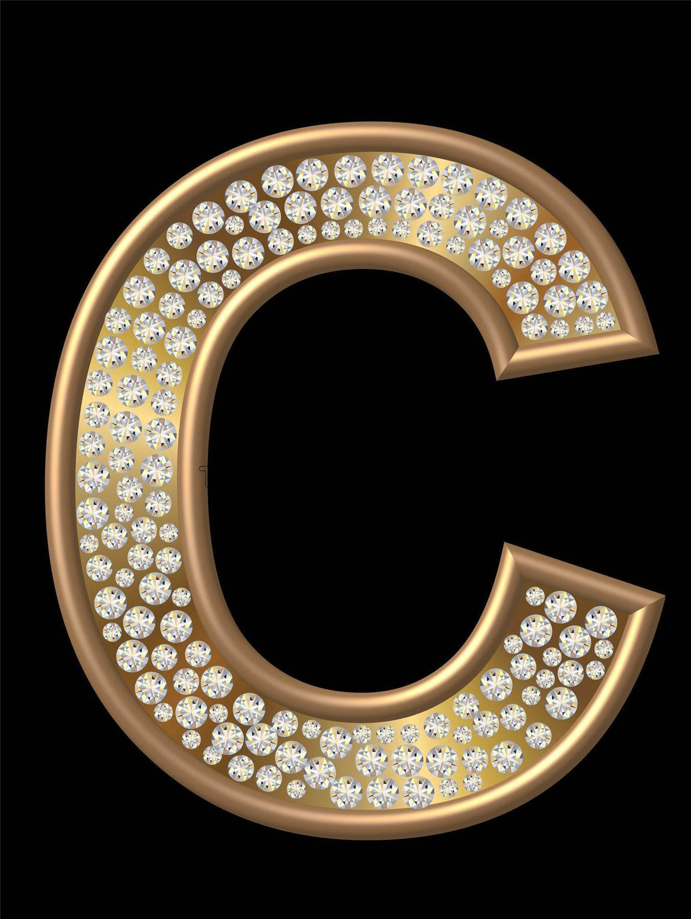C 桌布 壁紙 — 金色字母C，鑲嵌閃爍鑽石，置於純黑背景之上。
