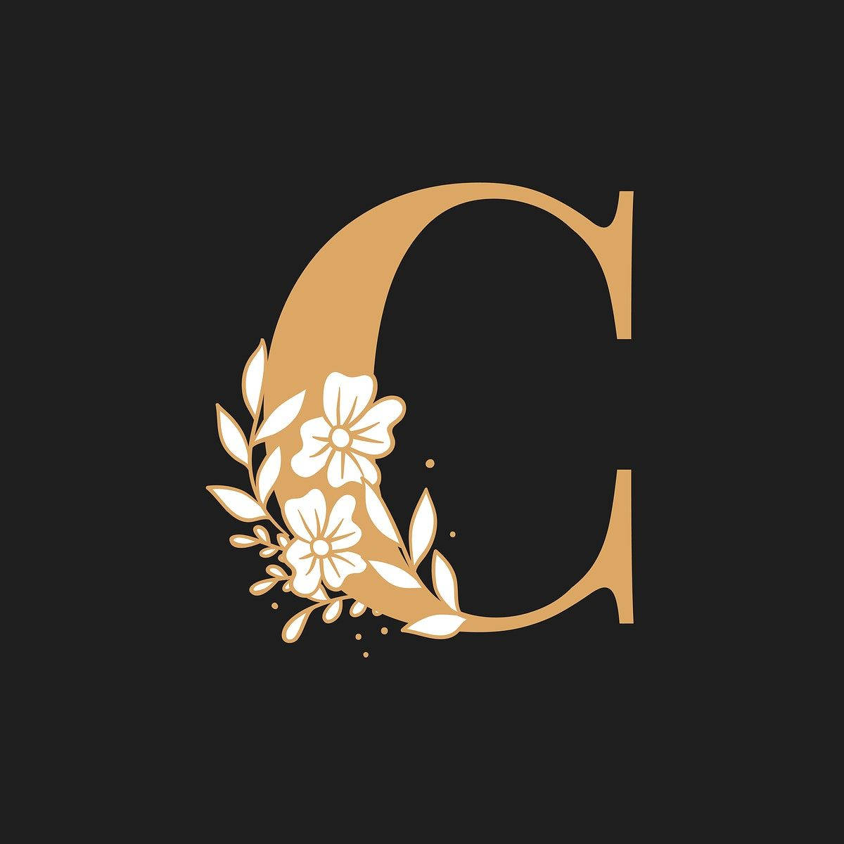 C 桌布 壁紙 — 金色字母C，飾以白色花卉元素，置於深色背景上。