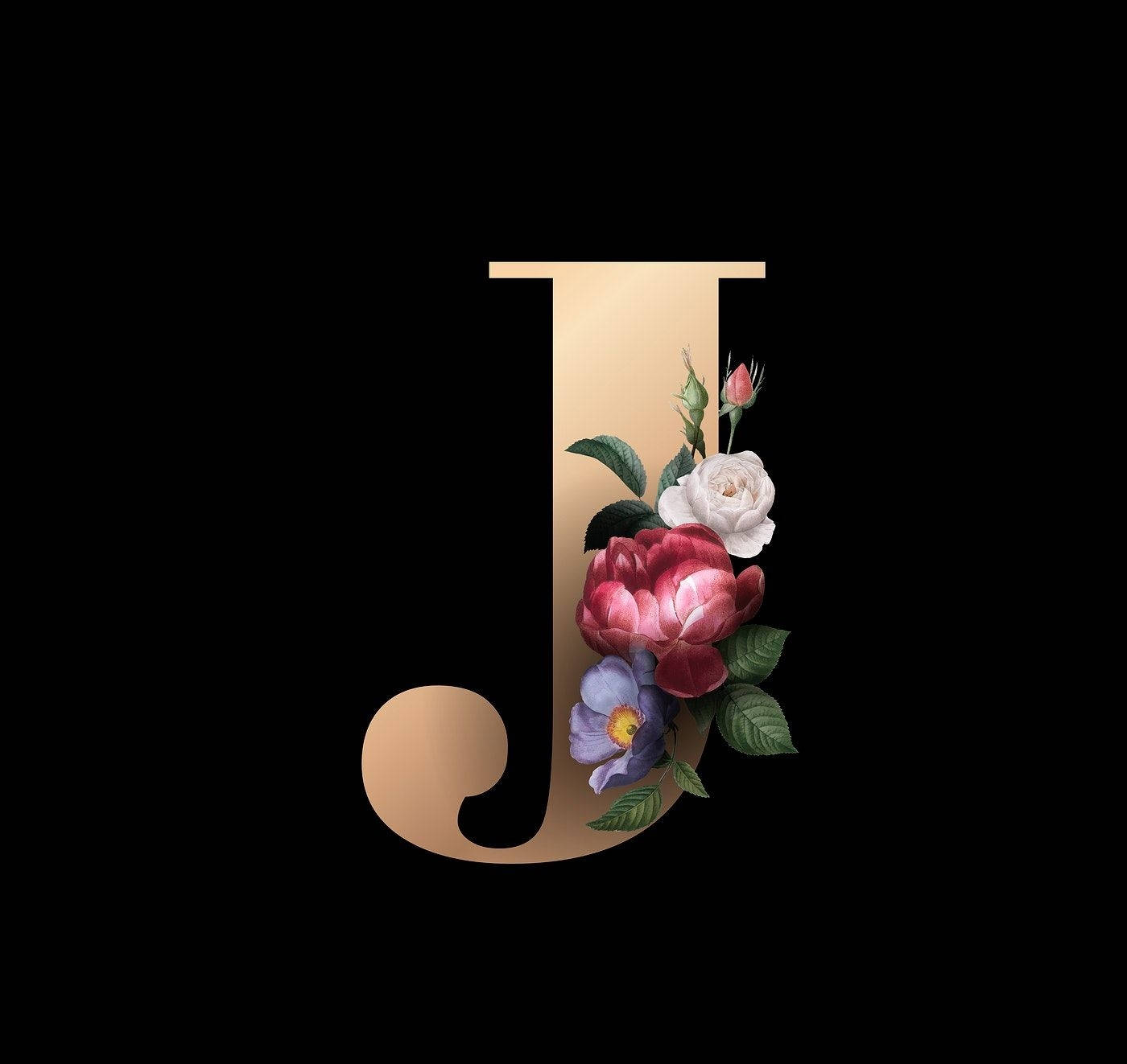 J 桌布 壁紙 — 金色字母J，以紅色、白色和紫色花朵點綴，黑色背景。