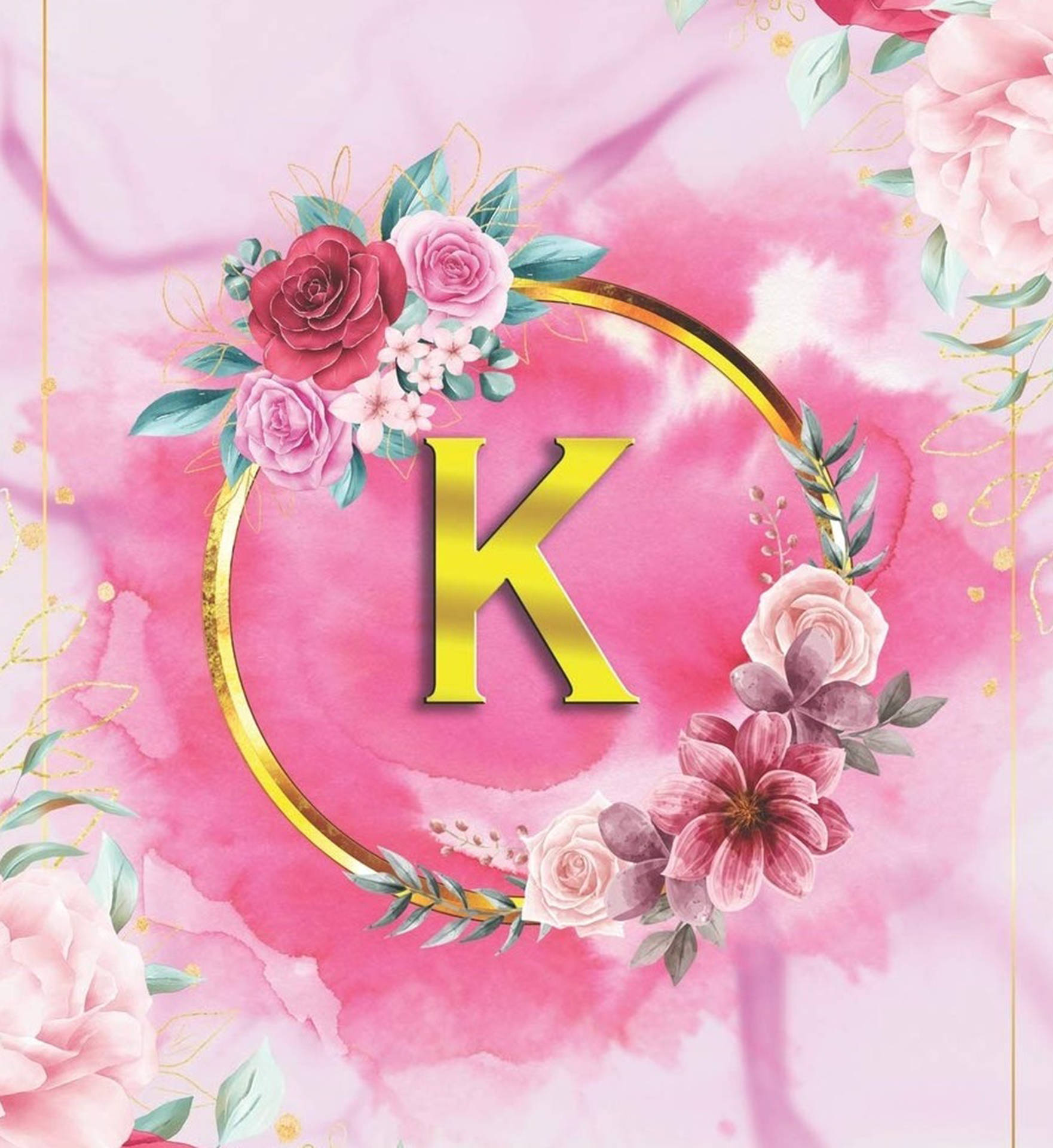 金色字母K被花環環繞，置於粉紅色水彩背景上。 — 字母K動圖 壁紙