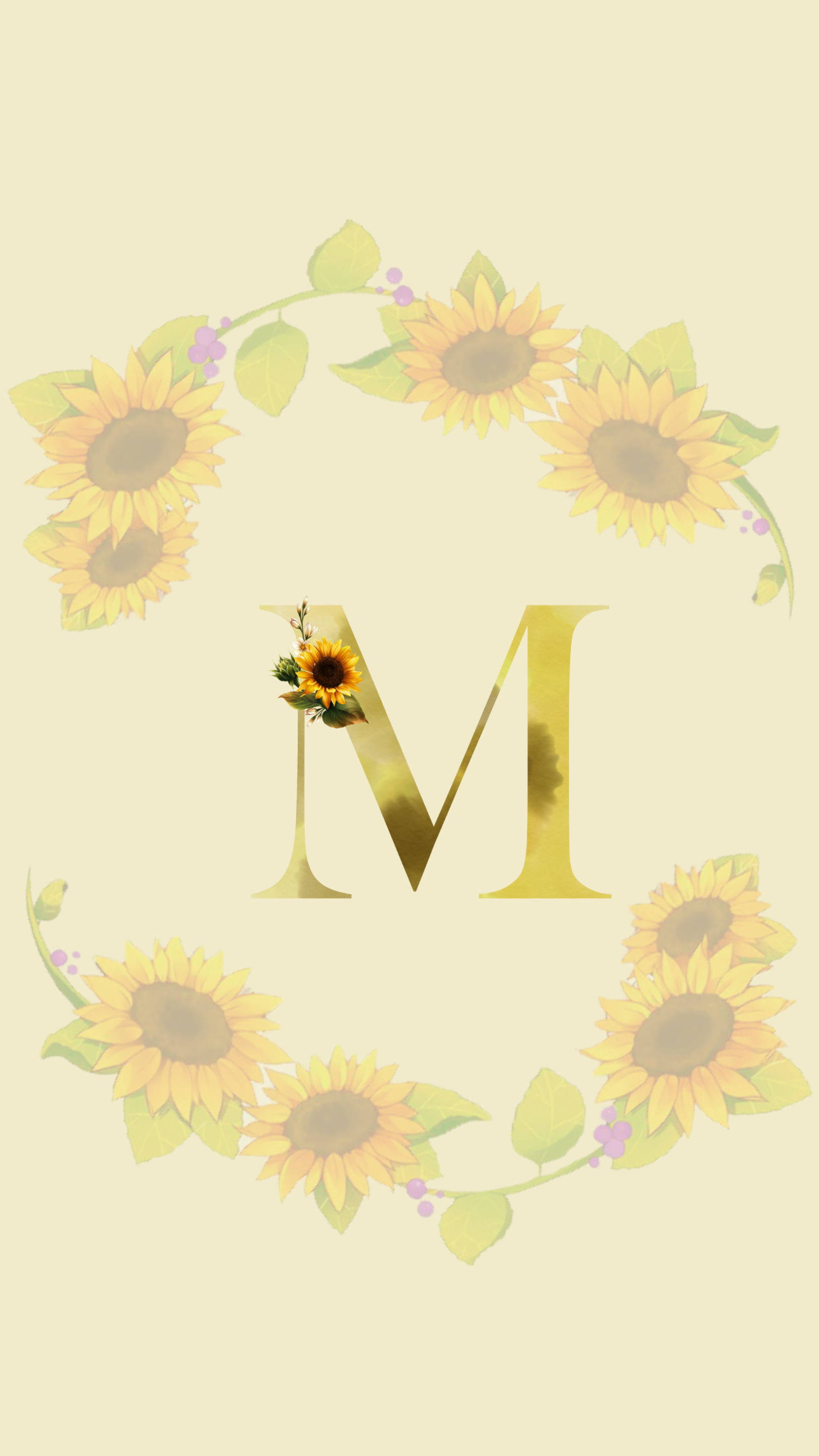 m 桌布 壁紙 — 金色字母M，飾以向日葵和綠植，置於柔和奶油色背景上。