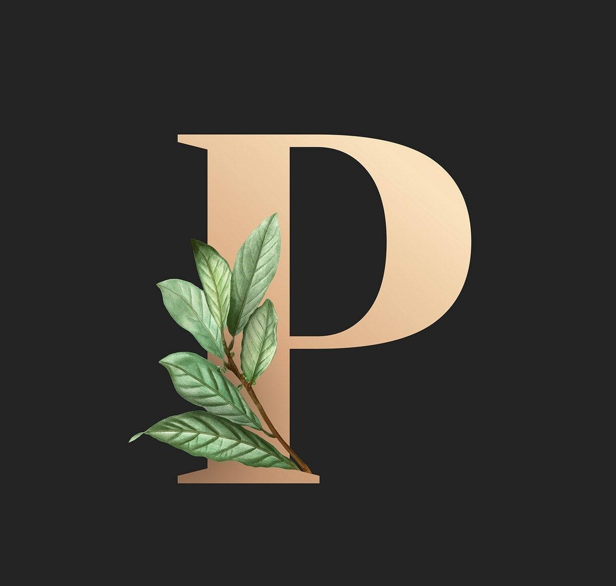字母P 桌布 壁紙 — 金色字母P，底部長出綠色葉子，背景為深色。