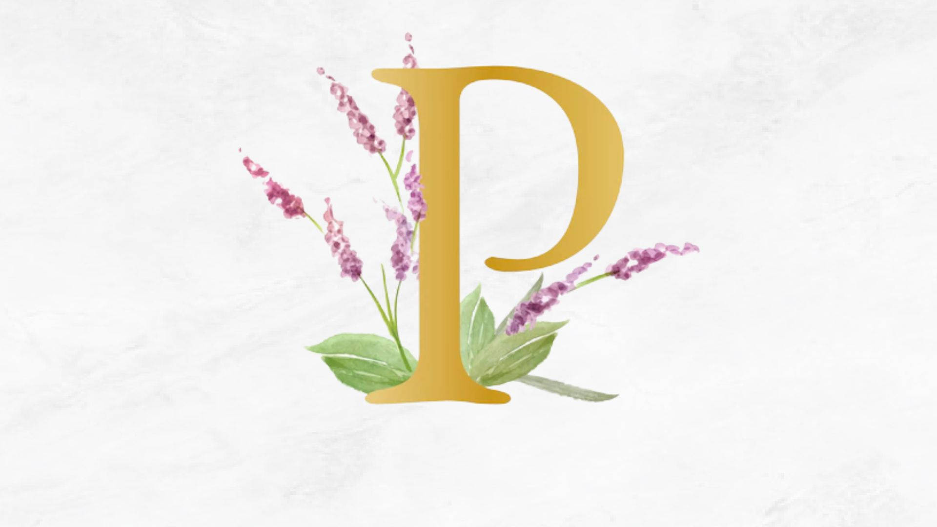 字母P 桌布 壁紙 — 金色字母P，飾以紫色薰衣草枝葉和綠色葉片，置於有紋理的白色背景上。