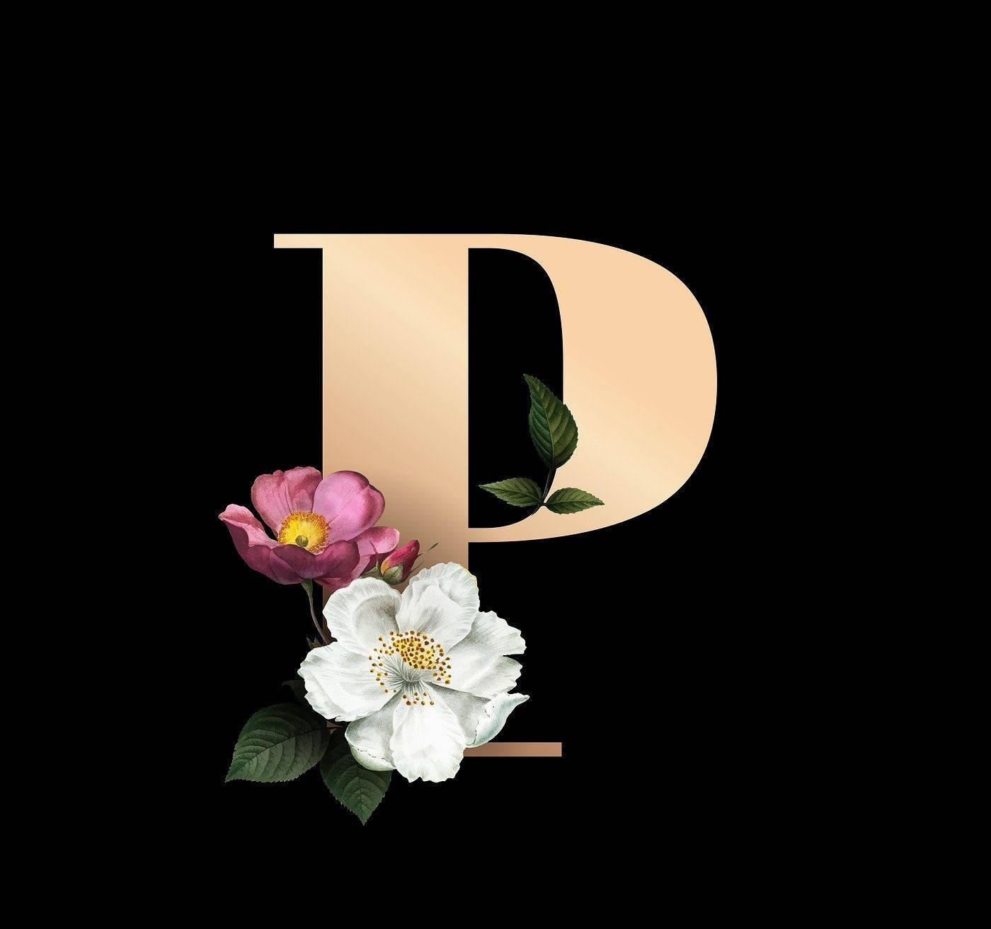 字母P 桌布 壁紙 — 金色字母P，飾有粉紅色和白色花朵及綠色葉子，背景為黑色。