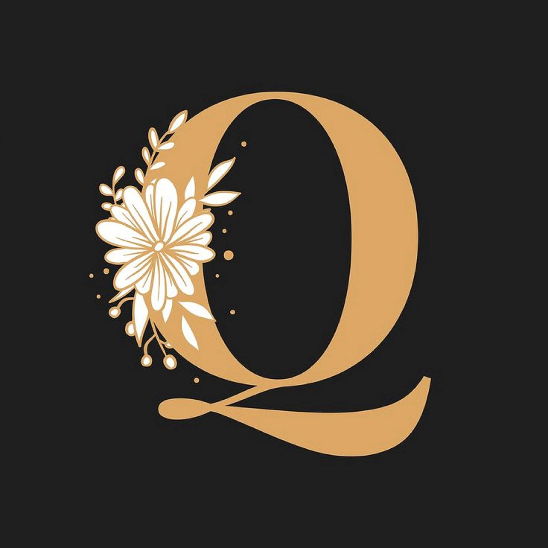 q 桌布 壁紙 — 金色字母Q，黑色背景上飾有白色花卉圖案。