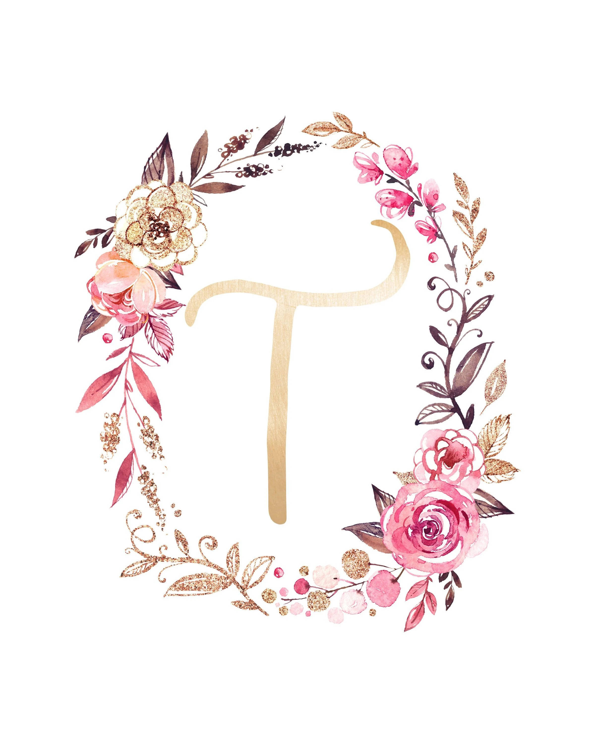 Letter 桌布 壁紙 — 金色字母T被精緻的花環環繞，花環由粉紅玫瑰和閃爍的金色點綴組成。