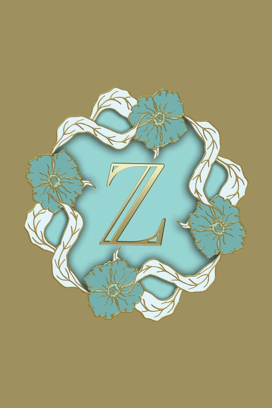 Z 桌布 壁紙 — 金色字母Z居中於由青綠色花朵和白色藤蔓組成的圓形花環中，背景為柔和的橄欖色。