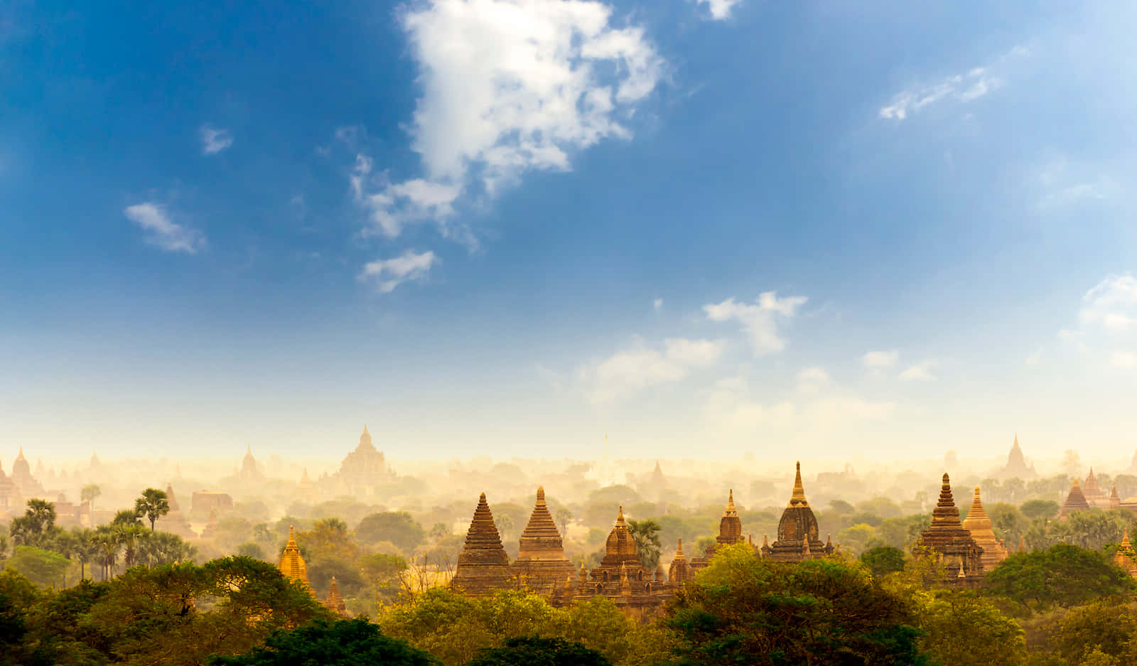 Asia 桌布 壁紙 — 金色寶塔從茂密的綠樹中升起，在日出時分，明亮的藍天中飄著縷縷白雲。