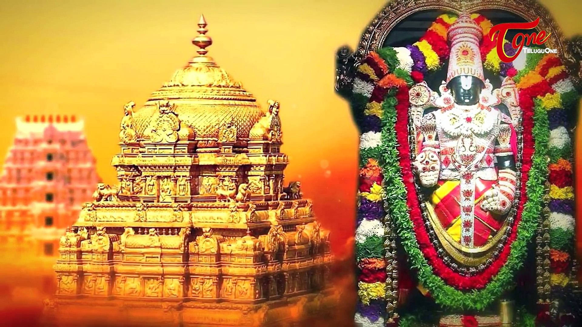 Venkateswara 桌布 壁紙 — 金色寺廟和裝飾著彩色花朵的神像在溫暖的日落色調下閃耀。