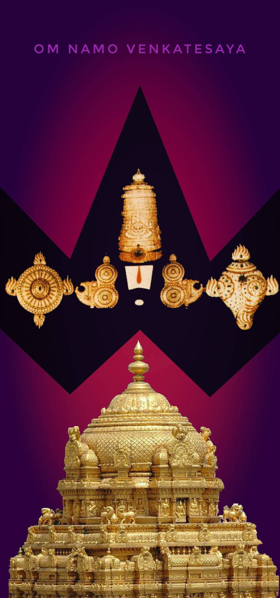 Hindi 桌布 壁紙 — 金色寺廟塔樓和華麗的工藝品在深紫色幾何背景和神聖文字中閃耀。