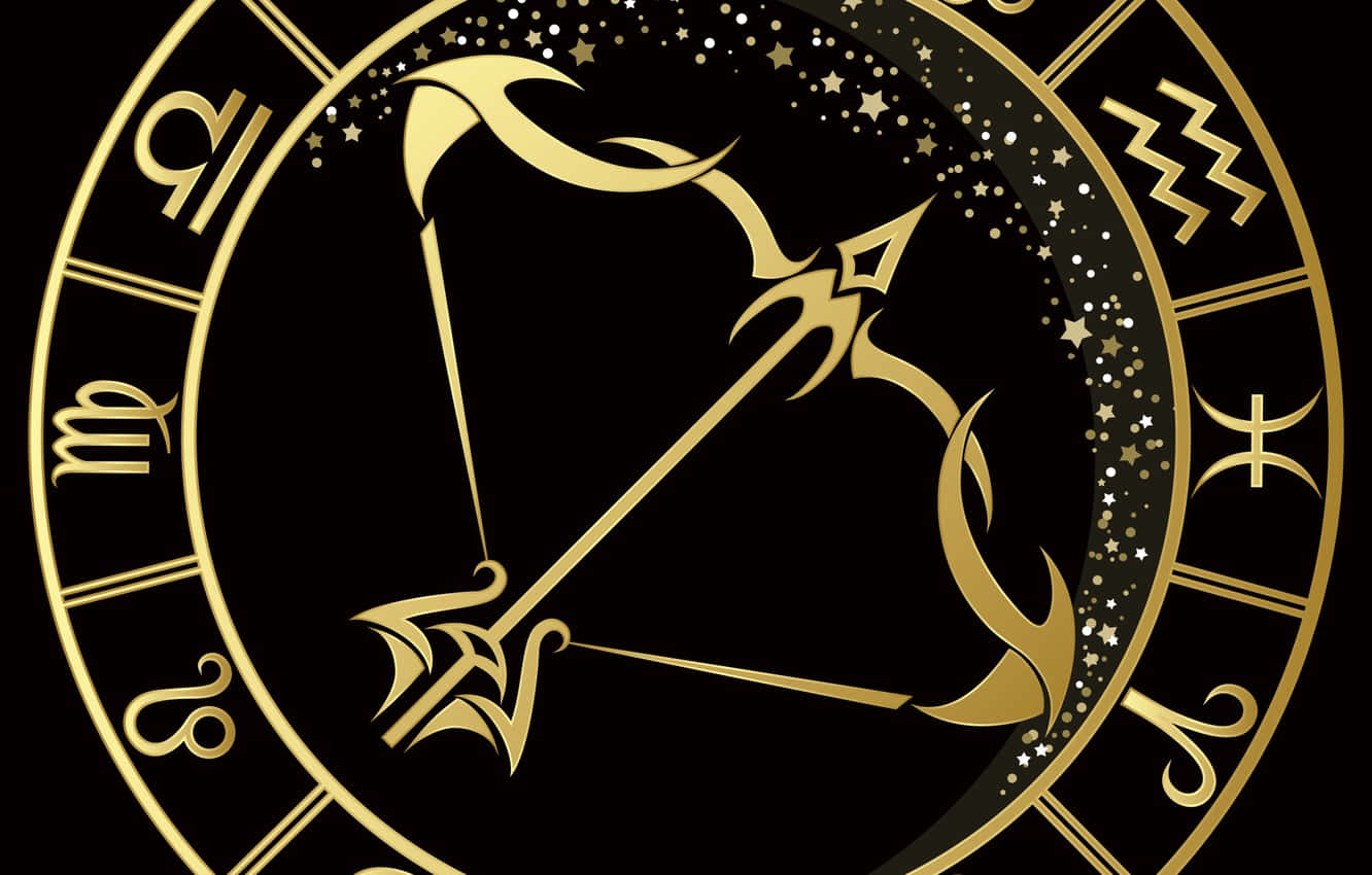 sagittarius 桌布 壁紙 — 金色射手座星座符號居中於圓形黃道輪中，背景為黑色，點綴閃爍星星。