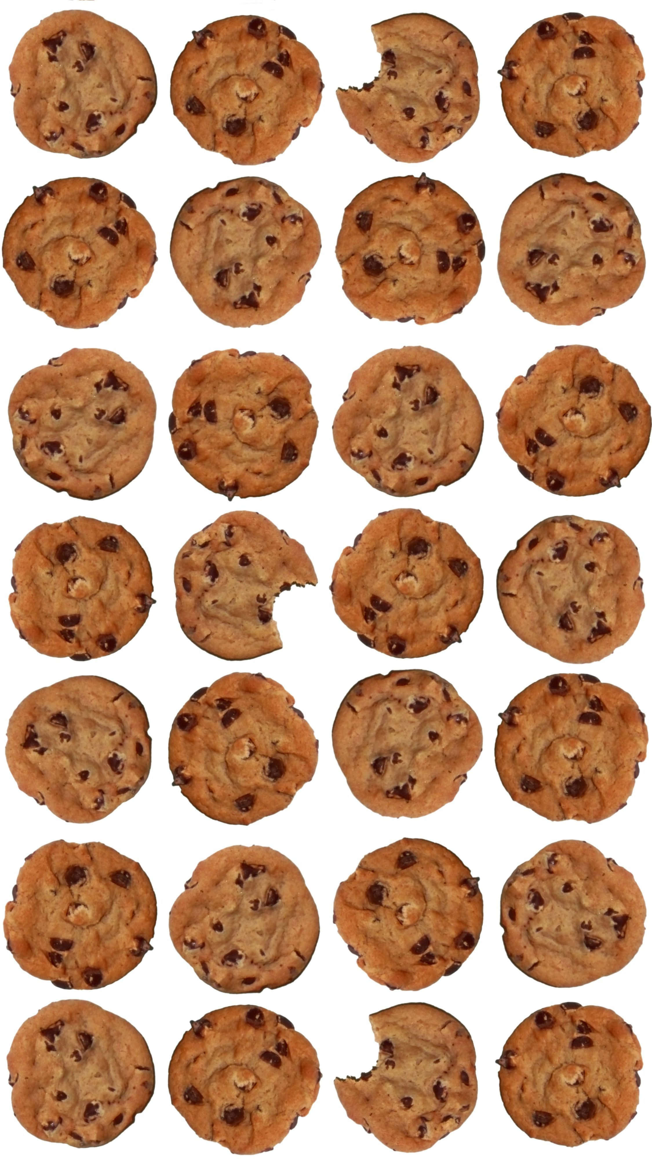 Cookie 桌布 壁紙 — 金色巧克力餅乾的網格，上面散落著咬痕，背景為純白色。