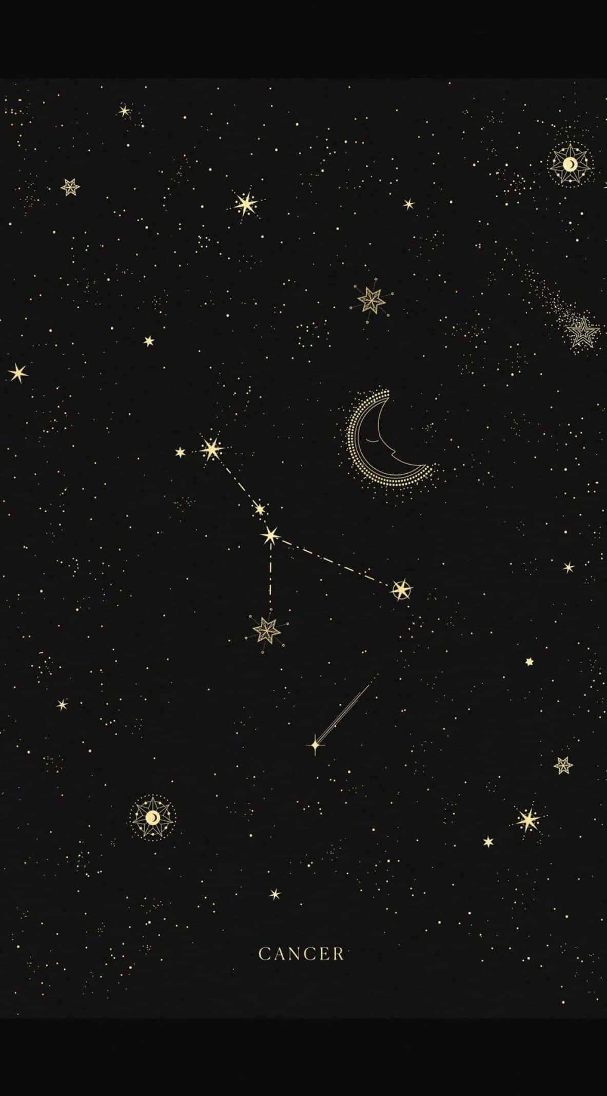 cancer 桌布 壁紙 — 金色巨蟹座星圖，背景是繁星點點的黑色夜空，帶有新月和彗星。