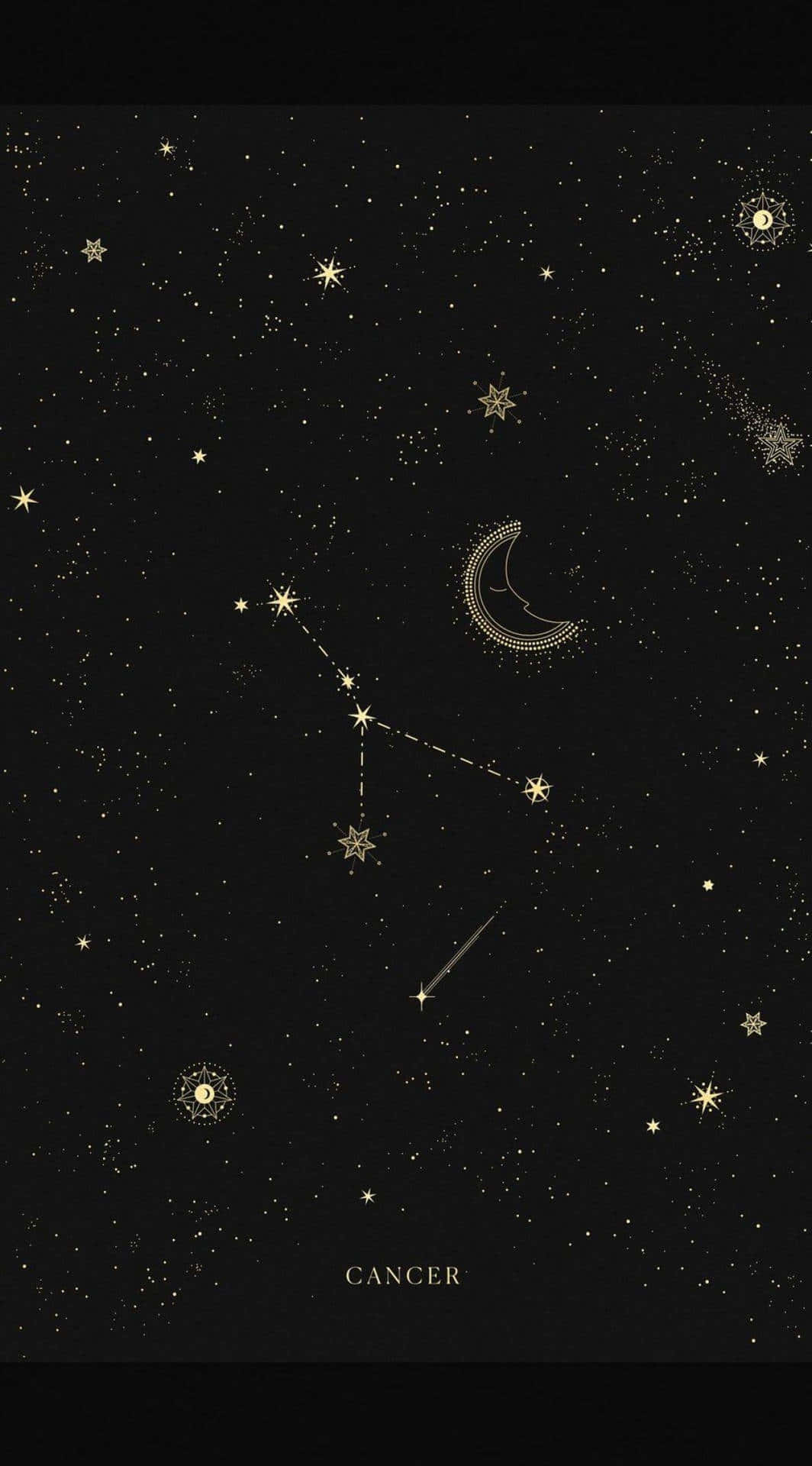 cancer 桌布 壁紙 — 金色巨蟹座星圖，背景為黑色星空，帶有新月和彗星。