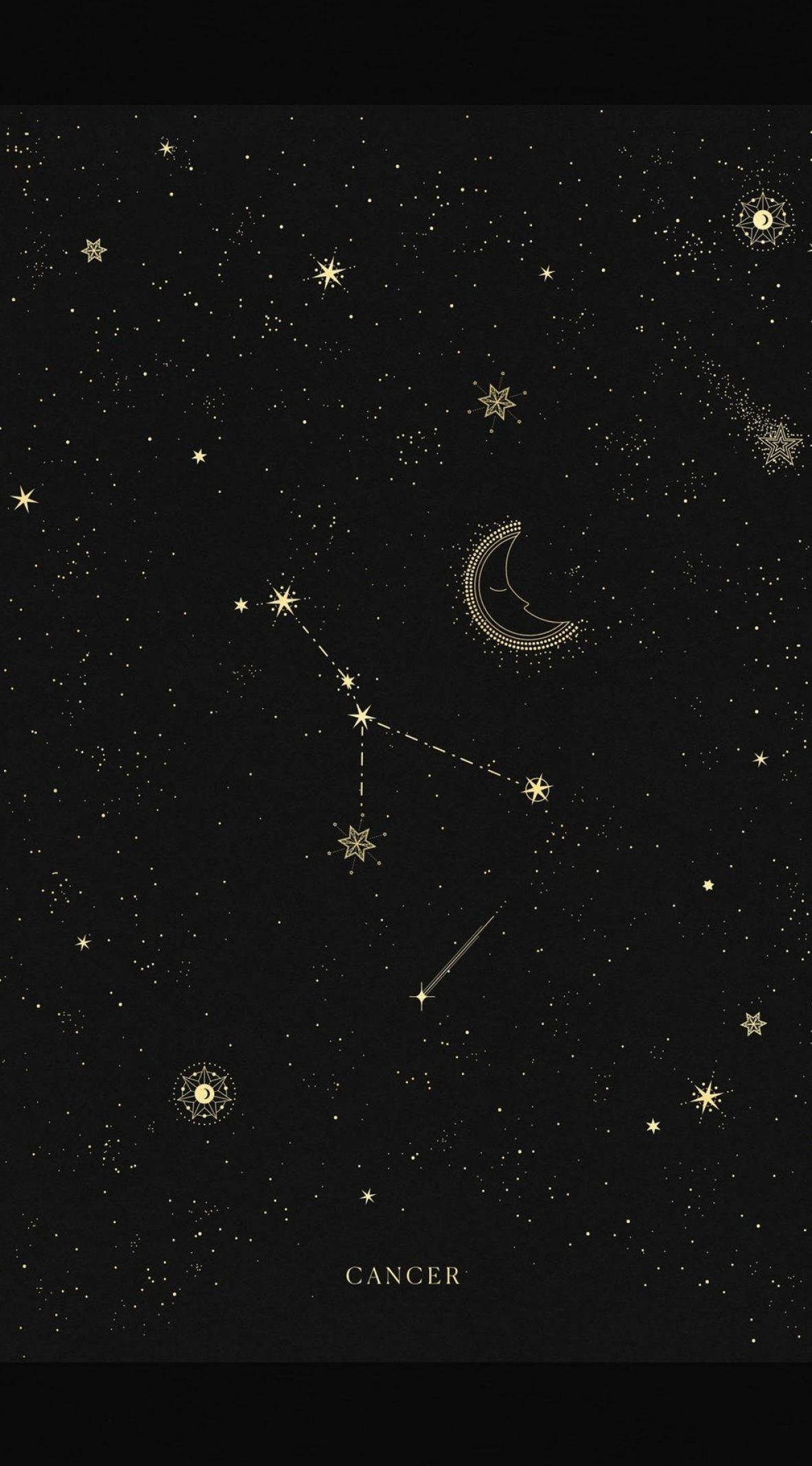 巨蟹座 桌布 壁紙 — 金色巨蟹座星座插圖，背景為黑色星空，帶有新月和彗星。