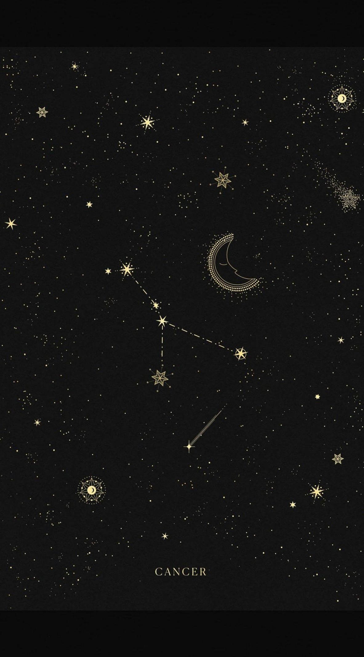 巨蟹座 桌布 壁紙 — 金色巨蟹座星座的天體插圖，背景為黑色星空，帶有新月和流星。