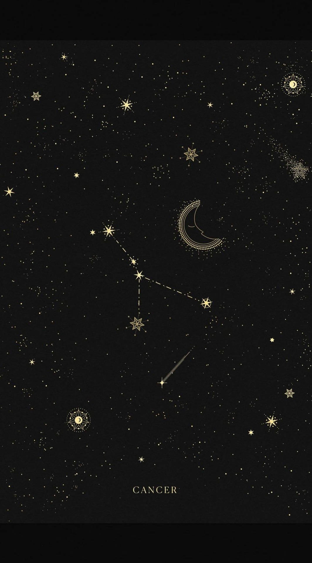星座 桌布 壁紙 — 金色巨蟹座的天體插圖，背景是黑色星空，有彎月和彗星。