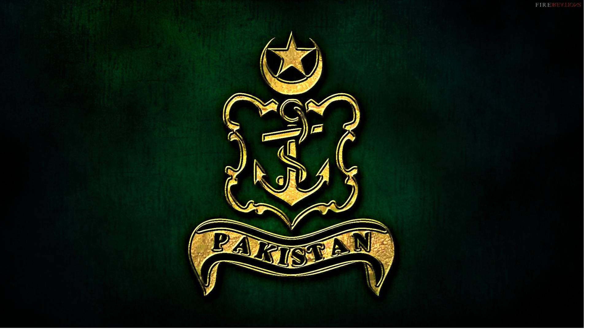 Pakistan 桌布 壁紙 — 金色巴基斯坦海軍徽章，星月位於錨之上，以帶紋理的深綠色背景襯托。
