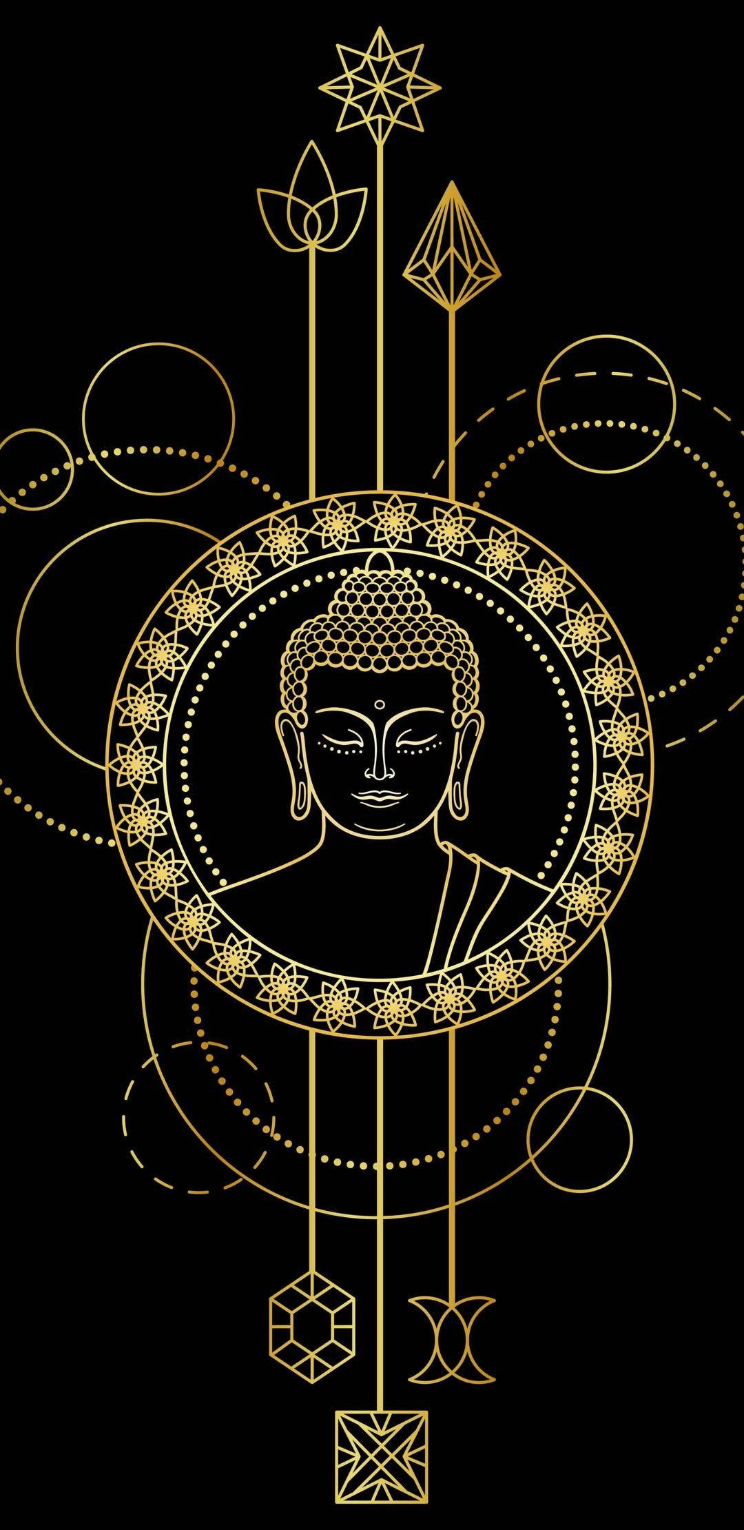 靈性動圖 桌布 壁紙 — 金色幾何佛像剪影，被神聖符號環繞，黑色背景。