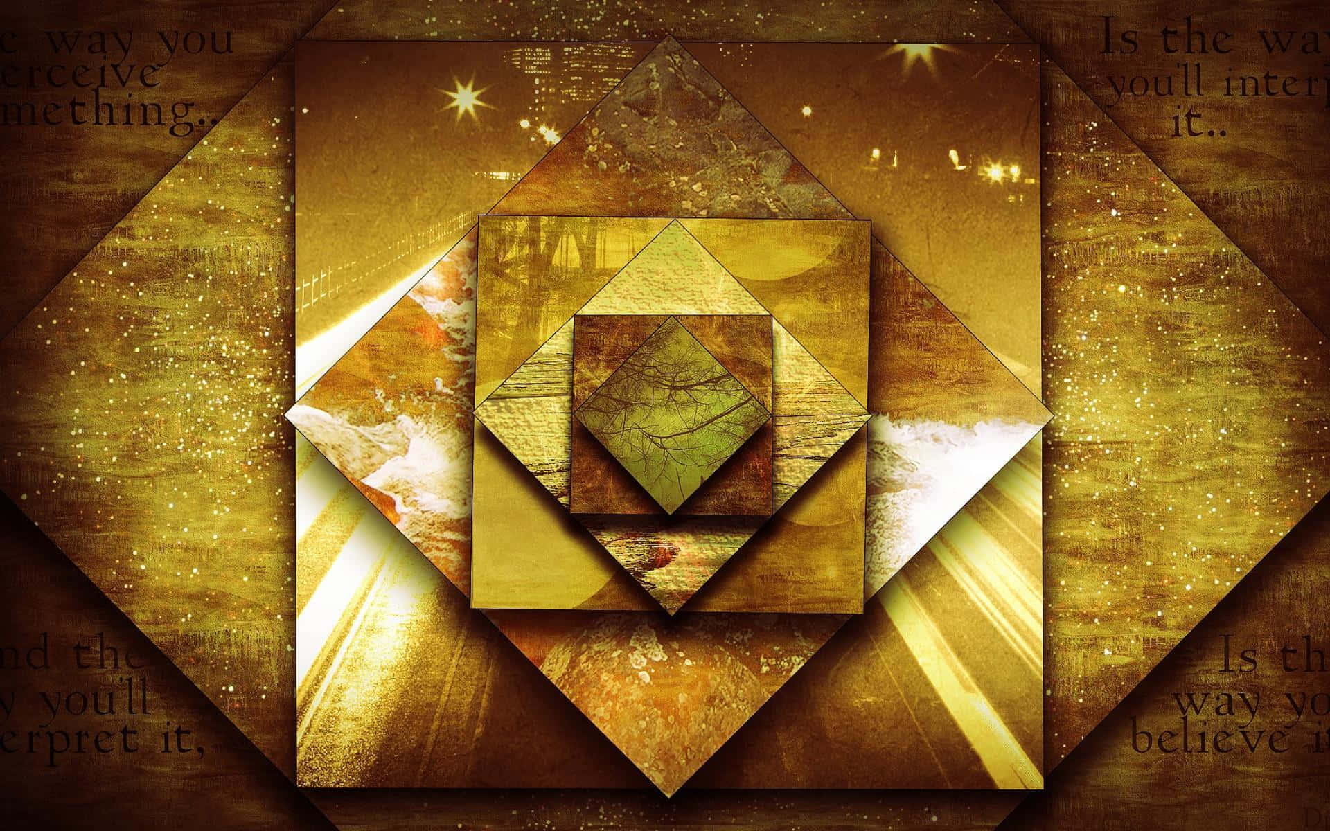 Perception 桌布 壁紙 — 金色幾何圖層嵌入葉片和文字碎片，散發溫暖光芒和閃爍粒子。