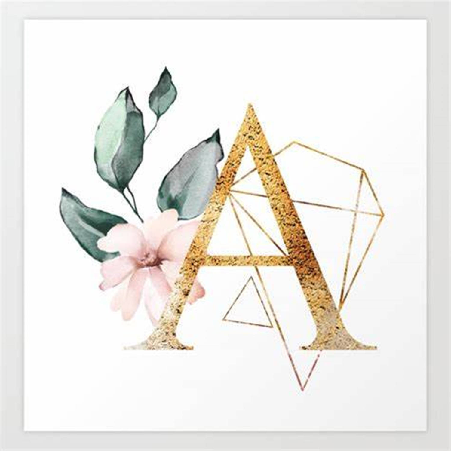 Letter A 桌布 壁紙 — 金色幾何字母A，飾以水彩粉紅花朵和綠葉，白色背景。