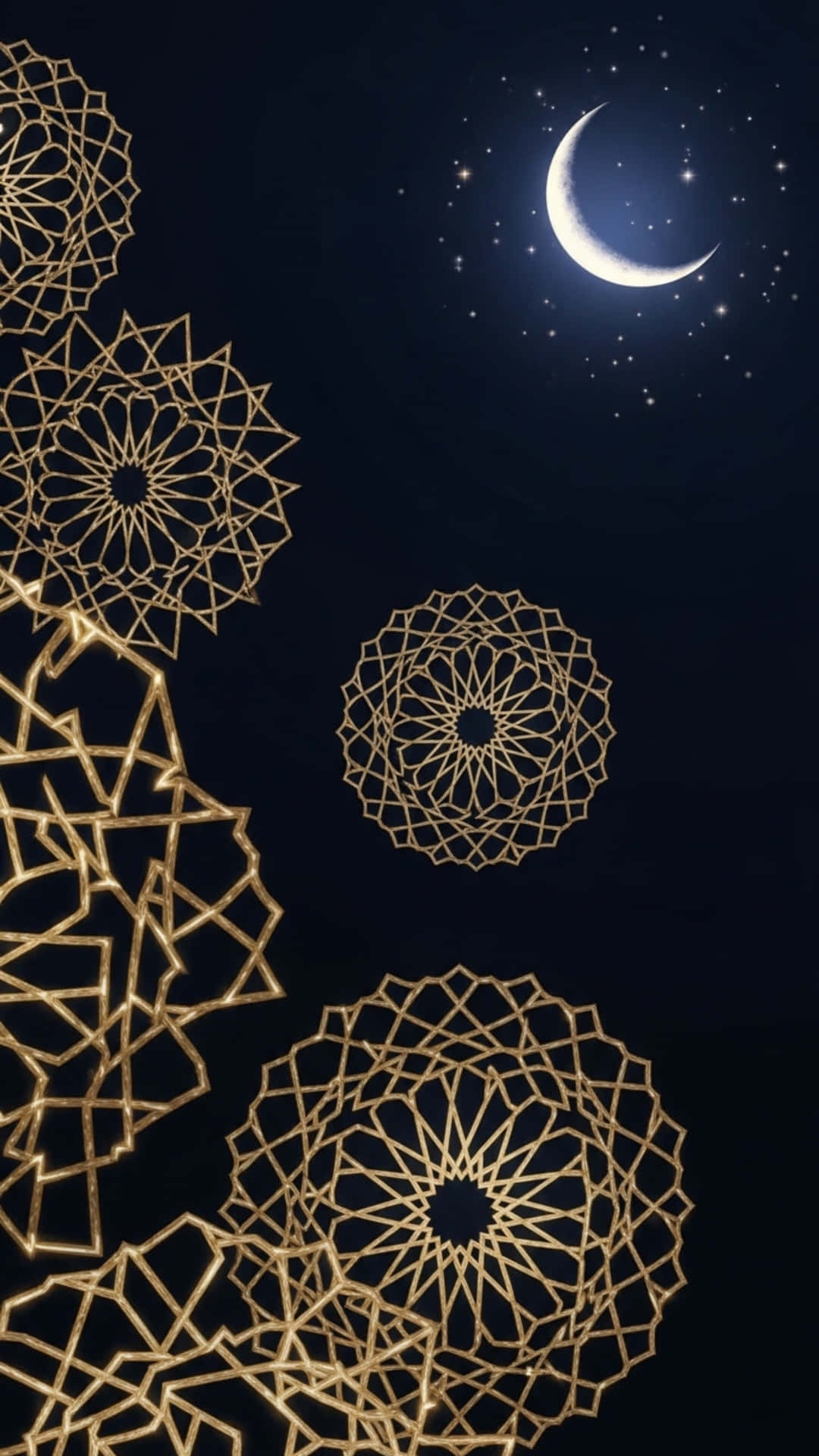 Ramadan Background with Crescent Moon, Mosque and Lanterns 壁紙 — 金色幾何曼陀羅在深藍色夜空上飄浮，伴隨著新月和閃爍的星星。