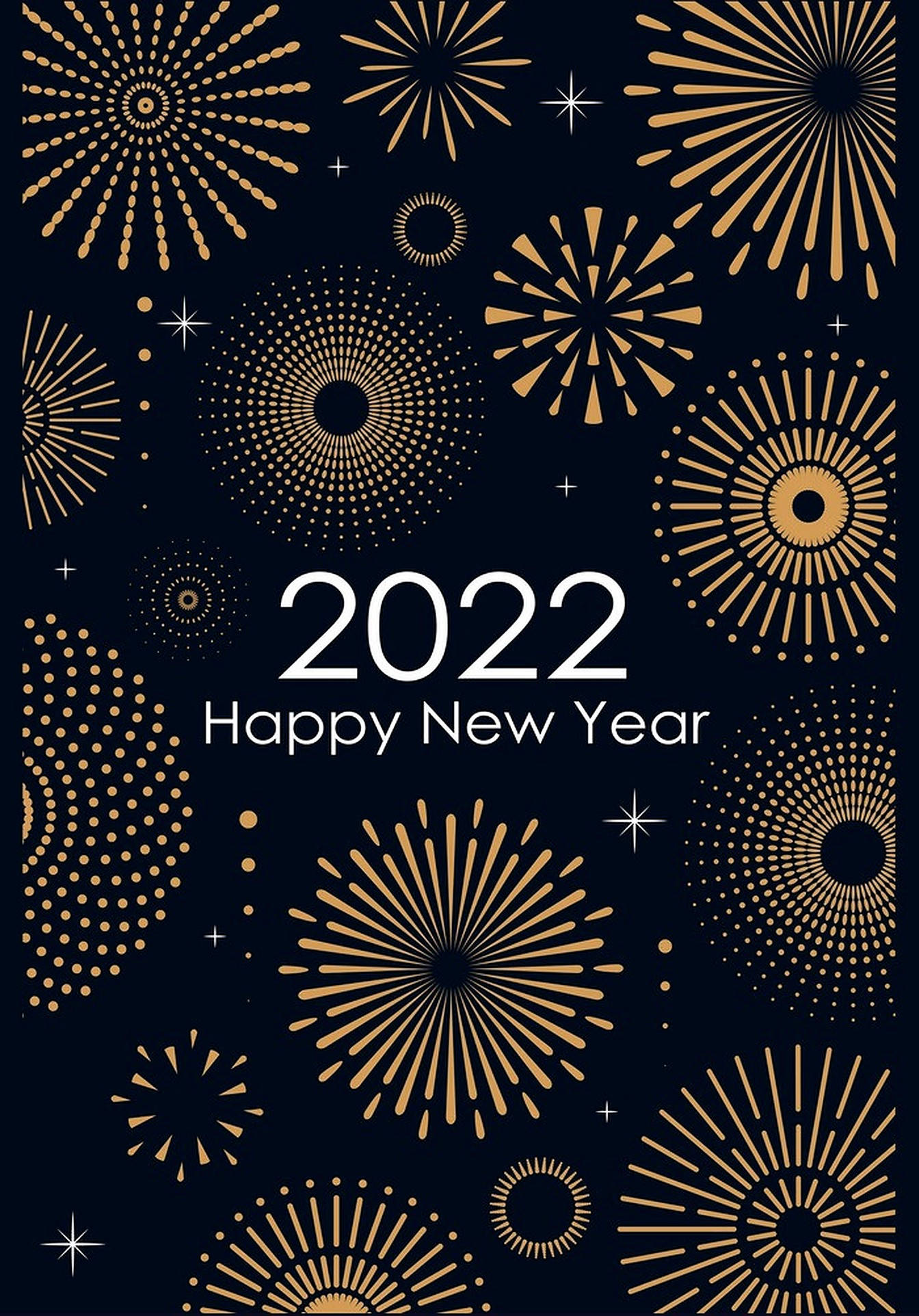 New 桌布 壁紙 — 金色幾何煙火在深藍色背景上綻放，以閃爍的星星慶祝2022年新年。