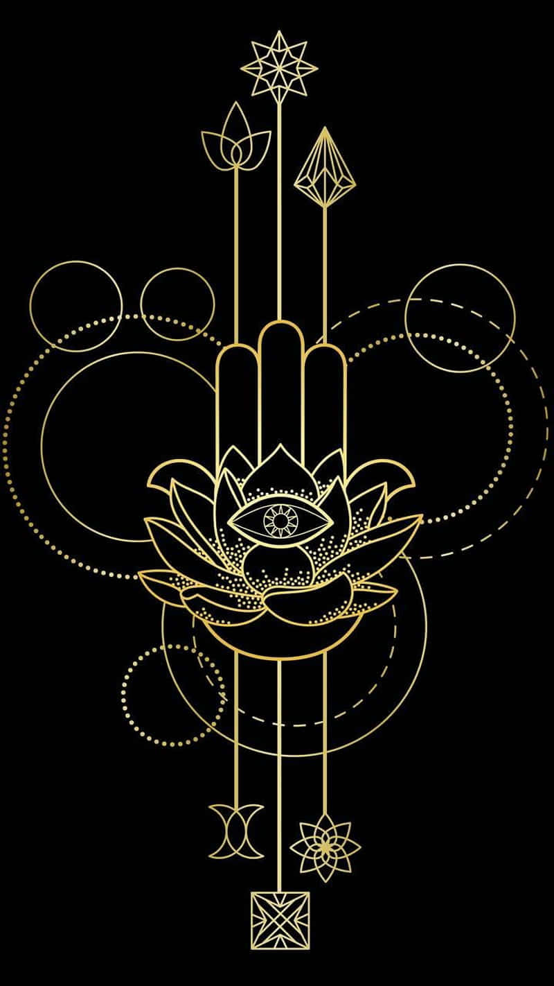 Hamsa 桌布 壁紙 — 金色幾何符號及中央有眼睛的蓮花在黑色背景上發光。
