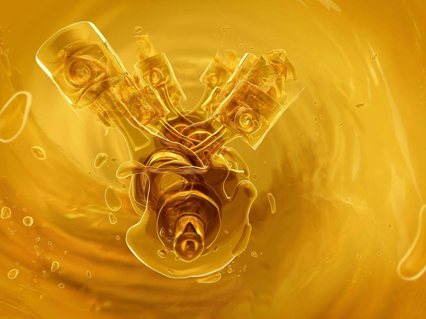 Oil 桌布 壁紙 — 金色引擎浸沒在旋轉的液體油中，水滴漂浮在光芒四射的琥珀色光輝中。
