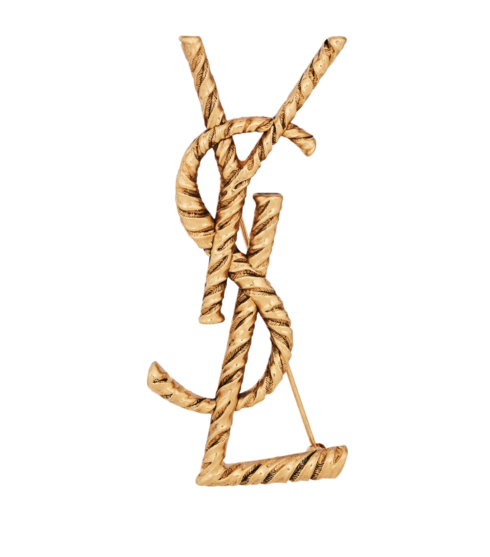 YSL 桌布 壁紙 — 金色扭繩YSL字母組合胸針，帶有紋理細節，背景為純白色。