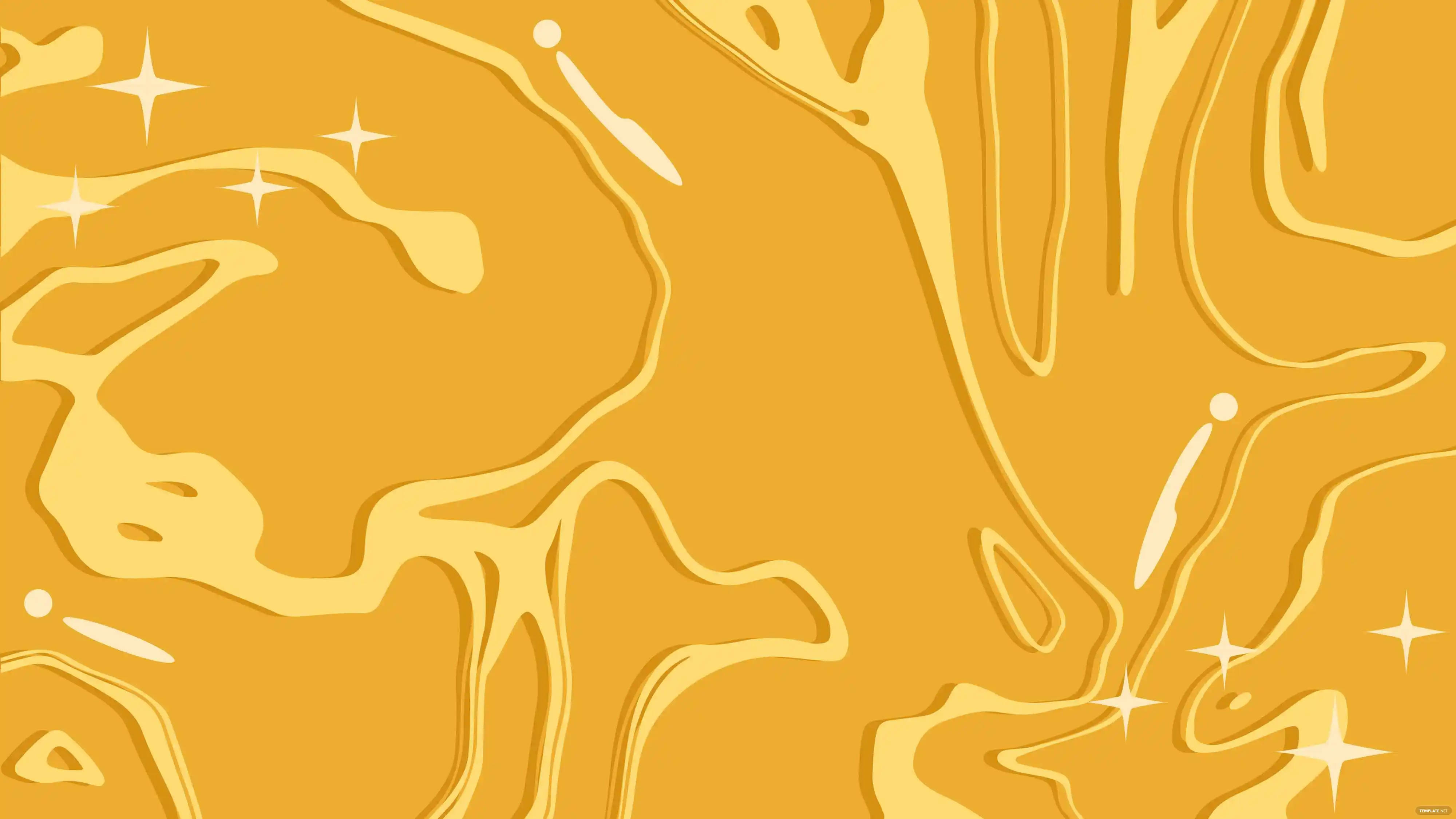 Gold Aesthetic 桌布 壁紙 — 金色抽象波浪，帶有白色星星和條紋，在溫暖的黃色背景上流動。