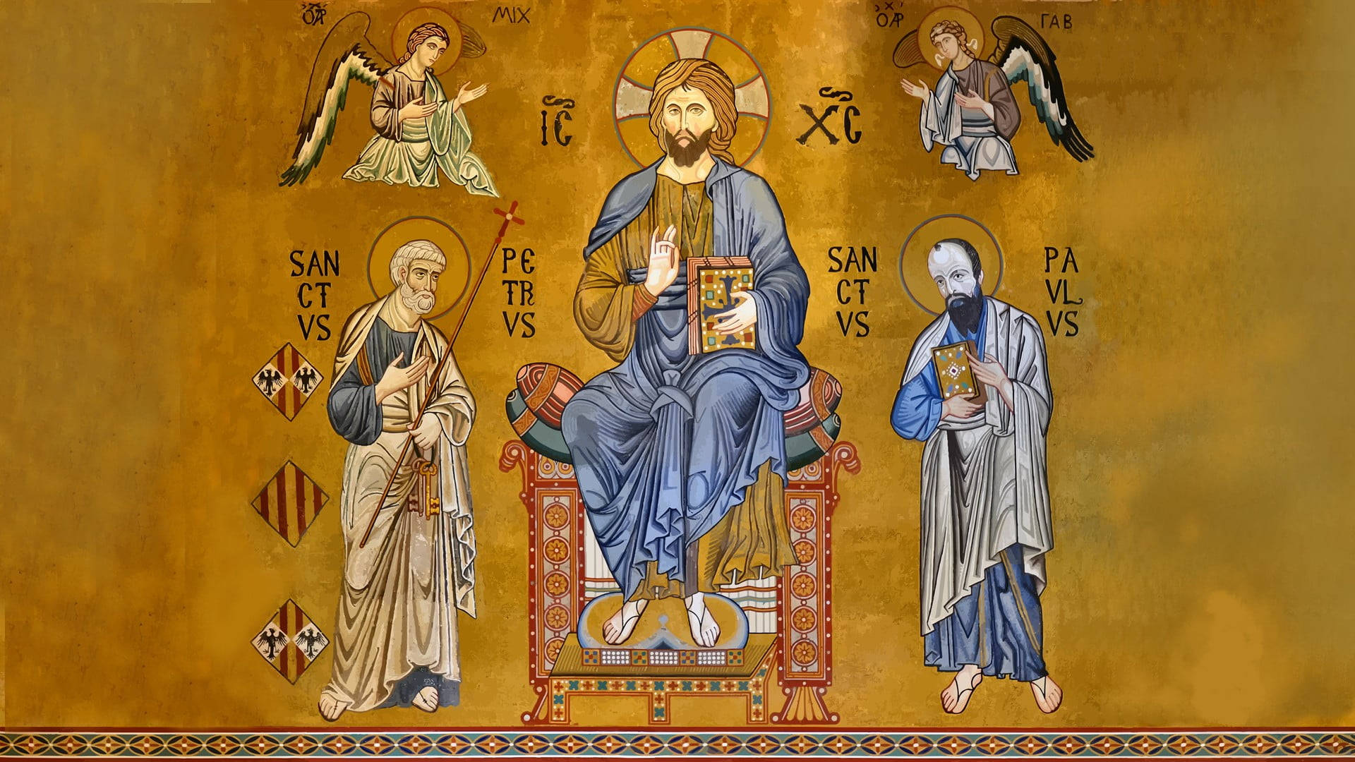 Christ 桌布 壁紙 — 金色拜占庭馬賽克描繪基督登基，與聖徒和天使身穿華麗藍袍，映襯著燦爛的金色背景。