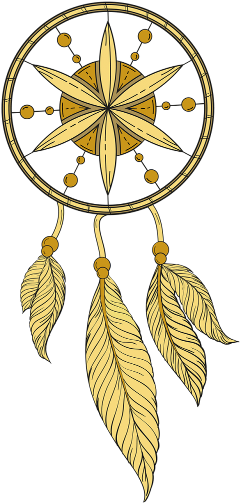 dreamcatcher 桌布 壁紙 — 金色捕夢網，中心呈星爆狀，羽毛垂墜，黑色背景。