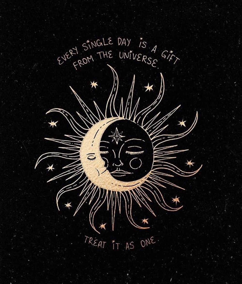 Sun And Moon Aesthetic 桌布 壁紙 — 金色插圖太陽和月亮閉著眼睛在星星中親吻，背景為黑色紋理，附有勵志文字。