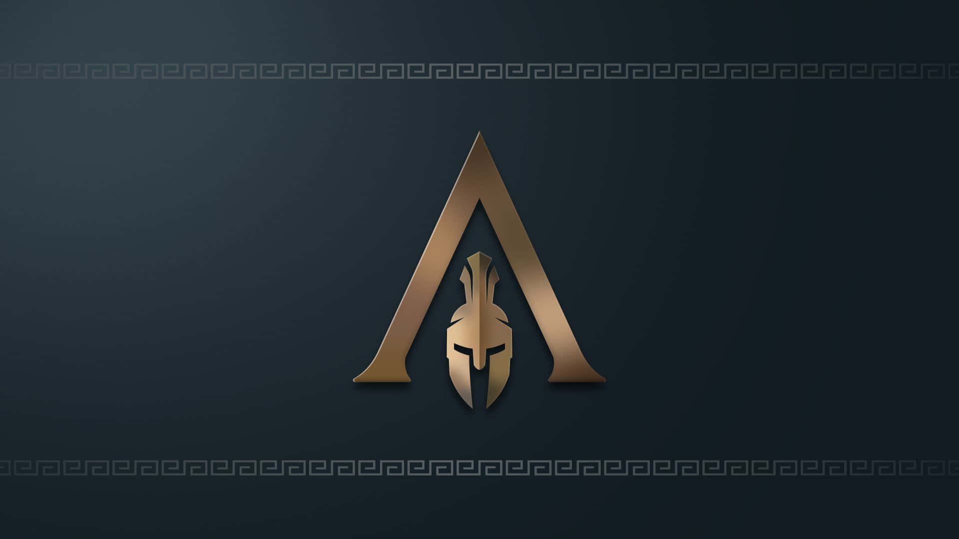 Spartan 桌布 壁紙 — 金色斯巴達頭盔標誌居中於風格化字母A內，背景為深色漸變，帶有希臘鑰匙邊框圖案。