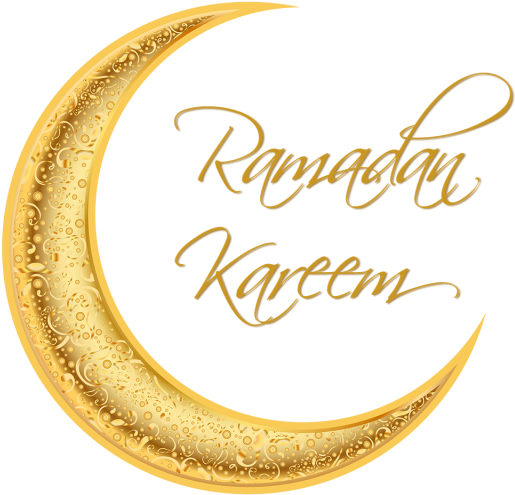 剪貼畫 桌布 壁紙 — 金色新月，帶有複雜圖案和優雅草書文字，寫著 Ramadan Kareem，背景為黑色。