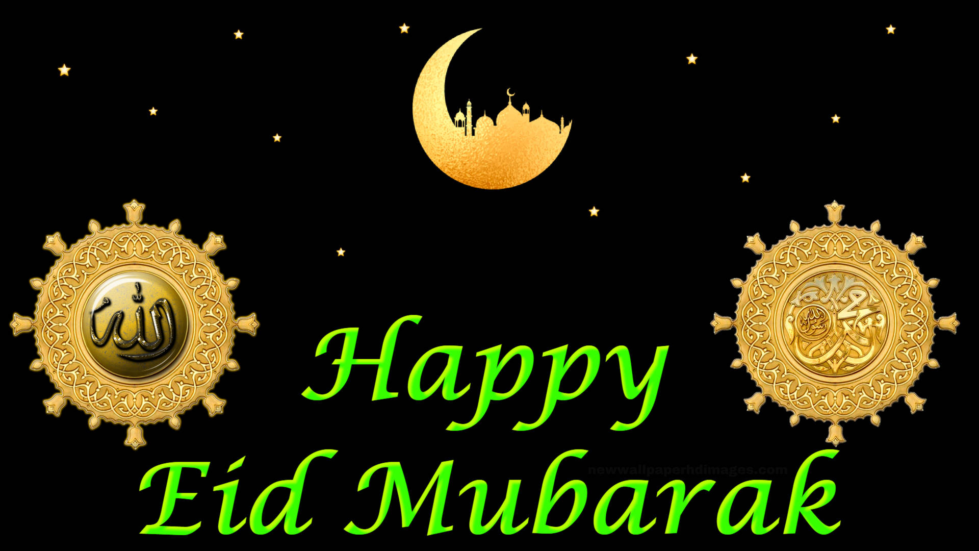 Eid Mubarak 桌布 壁紙 — 金色新月、清真寺剪影和華麗的圓形徽章框住發光的綠色「Happy Eid Mubarak」文字，背景是繁星點點的黑色夜空。