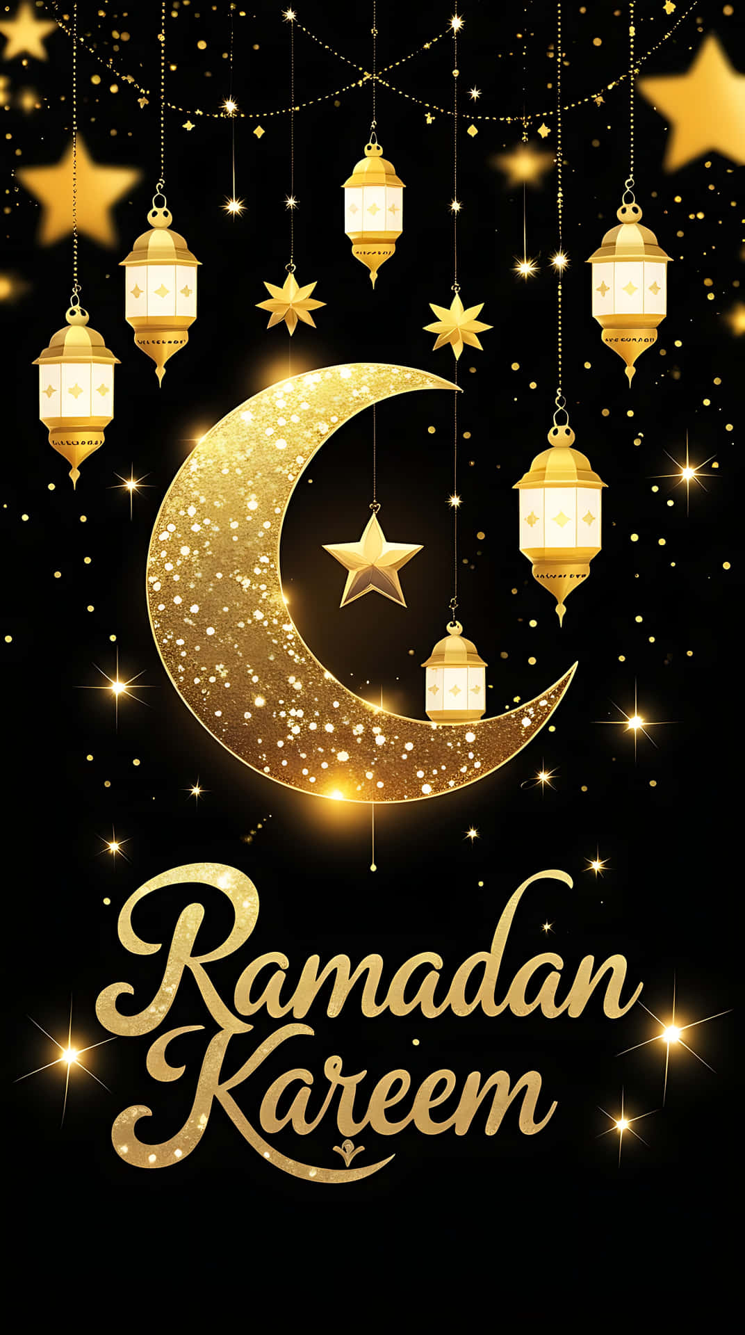 Elegant Ramadan Kareem Greeting with Golden Lanterns and Crescent Moon. smartphone wallpaper 壁紙 — 金色新月和懸掛燈籠在黑色星空下閃爍，並帶有「Ramadan Kareem」文字。