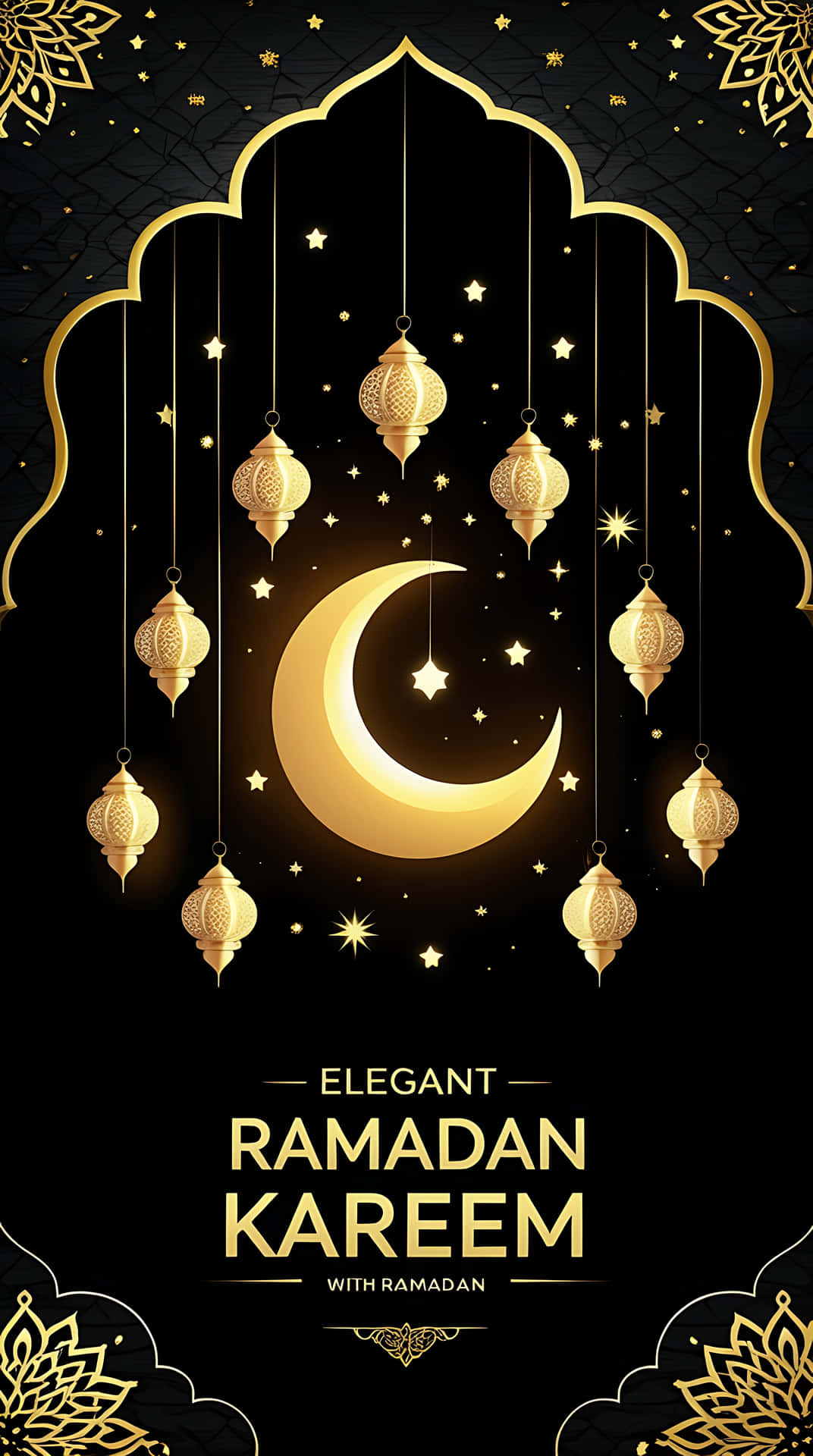 Elegant Ramadan Kareem with Golden Ornaments and Lanterns 壁紙 — 金色新月和懸掛燈籠在黑色背景上閃爍，周圍環繞著華麗的拱門和星星。